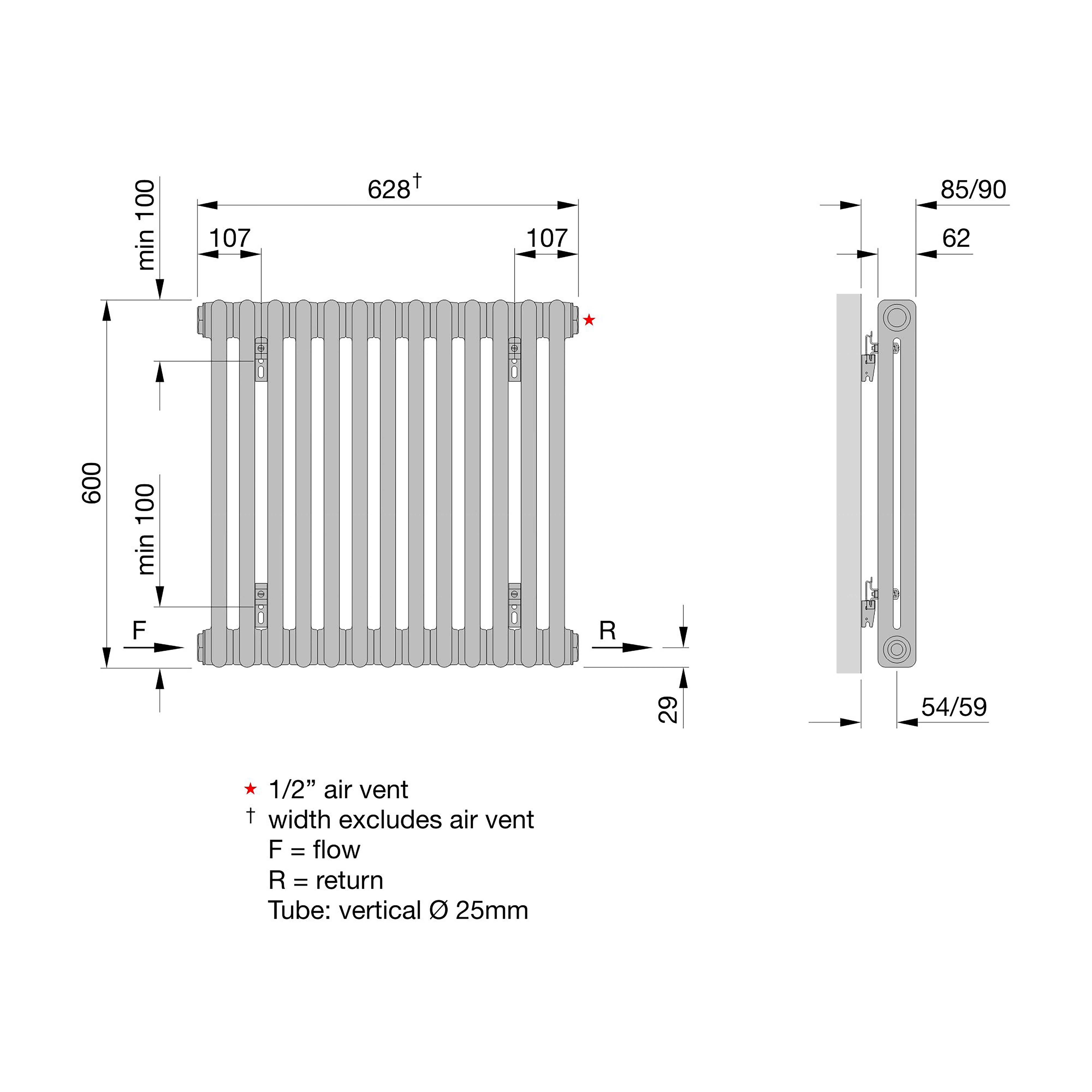 Acova Raw metal 2 Column Radiator, (W)628mm x (H)600mm