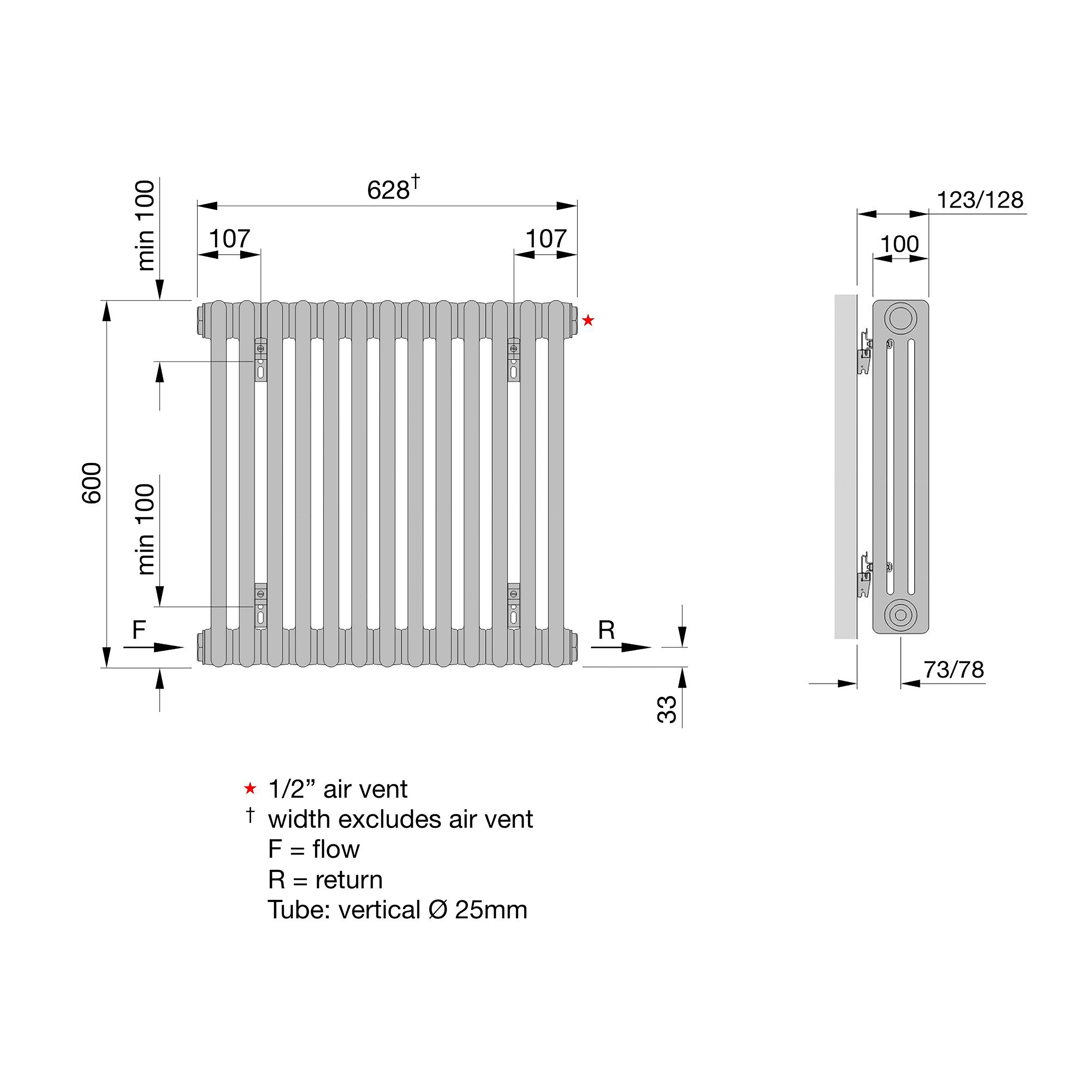 Acova Raw metal 3 Column Radiator, (W)628mm x (H)600mm