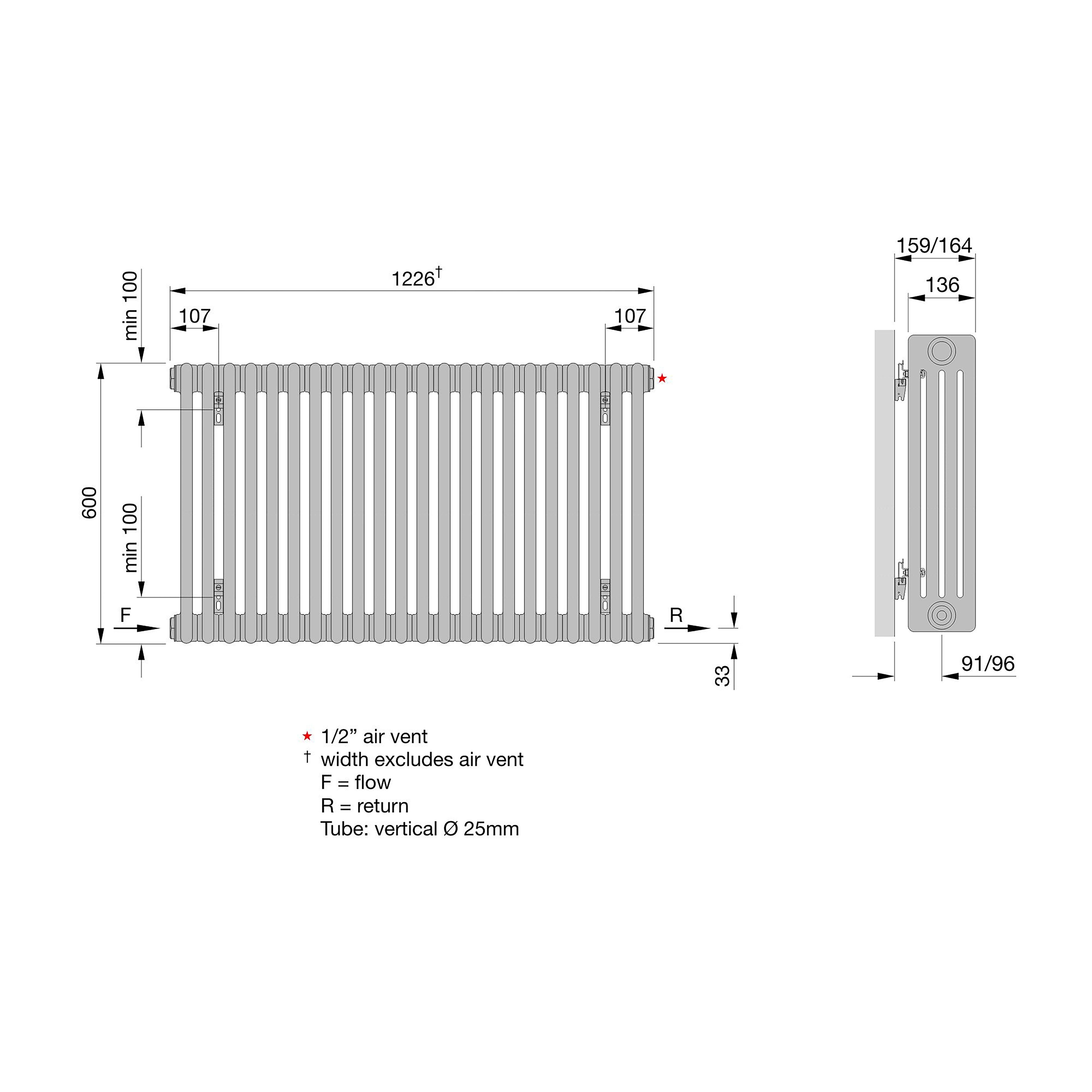 Acova Raw metal 4 Column Radiator, (W)1226mm x (H)600mm
