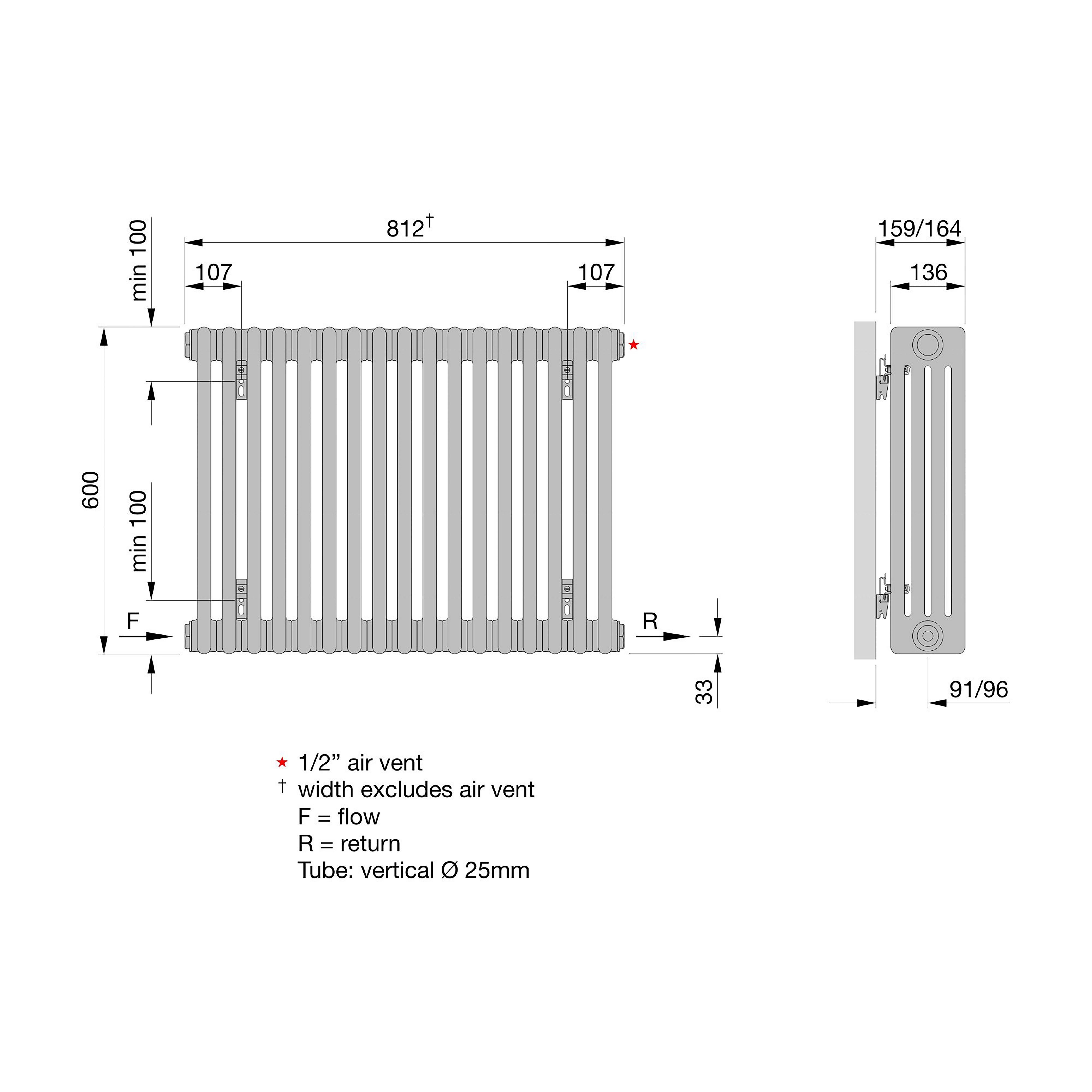 Acova Raw metal 4 Column Radiator, (W)812mm x (H)600mm