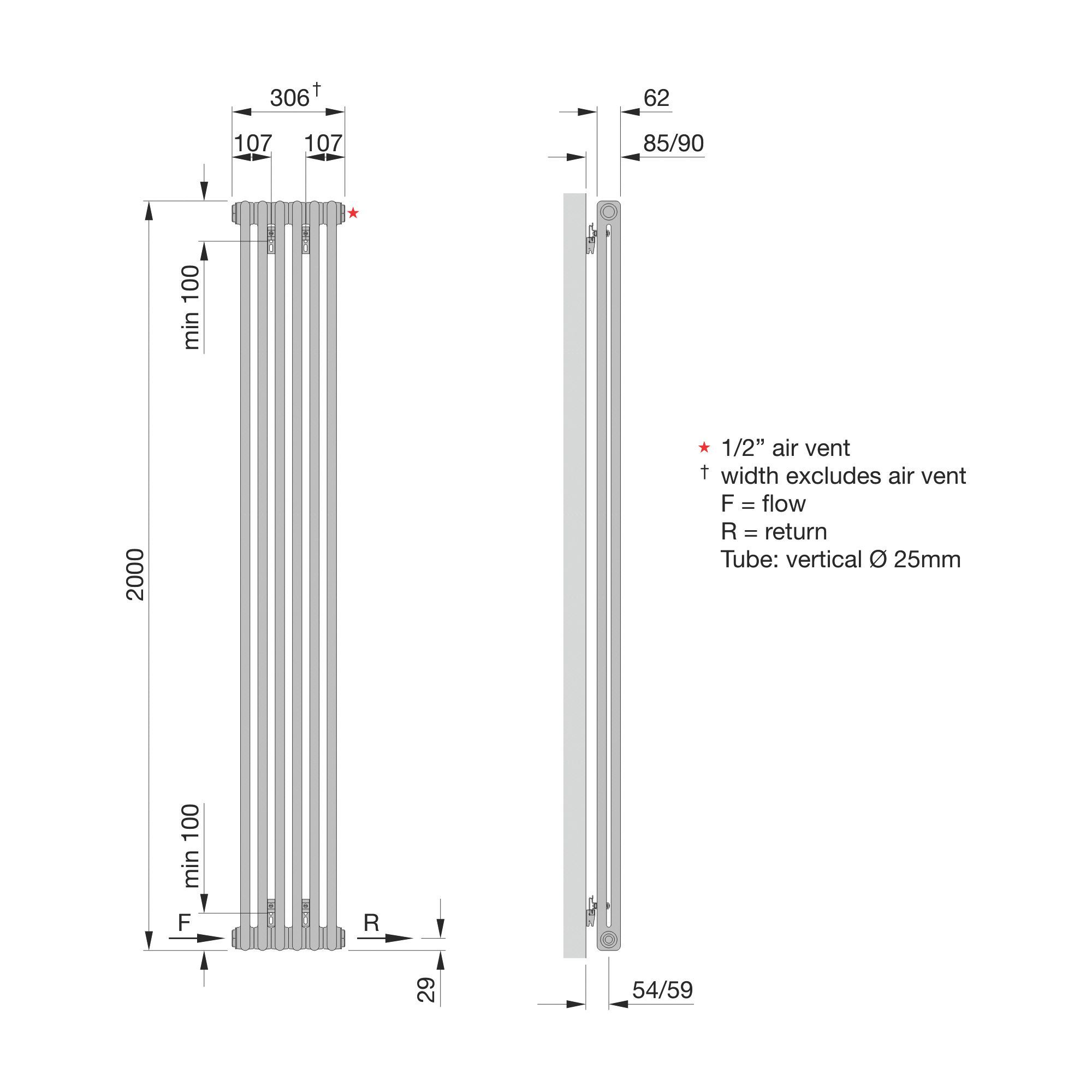 Acova White 2 Column Radiator, (W)306mm x (H)2000mm