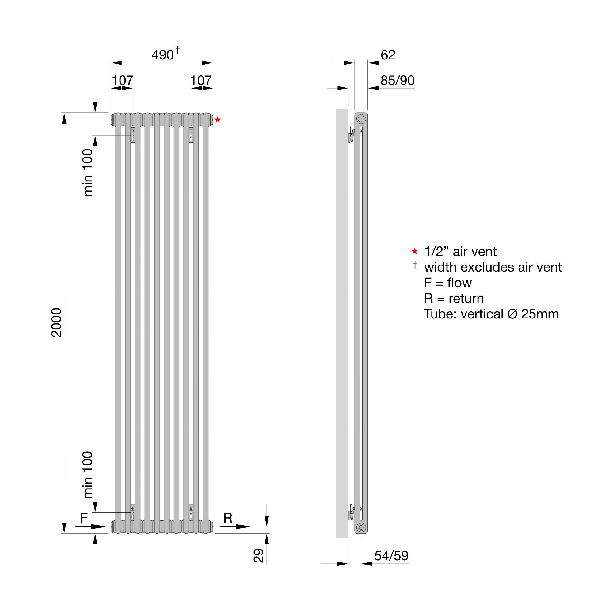 Acova White 2 Column Radiator, (W)490mm x (H)2000mm