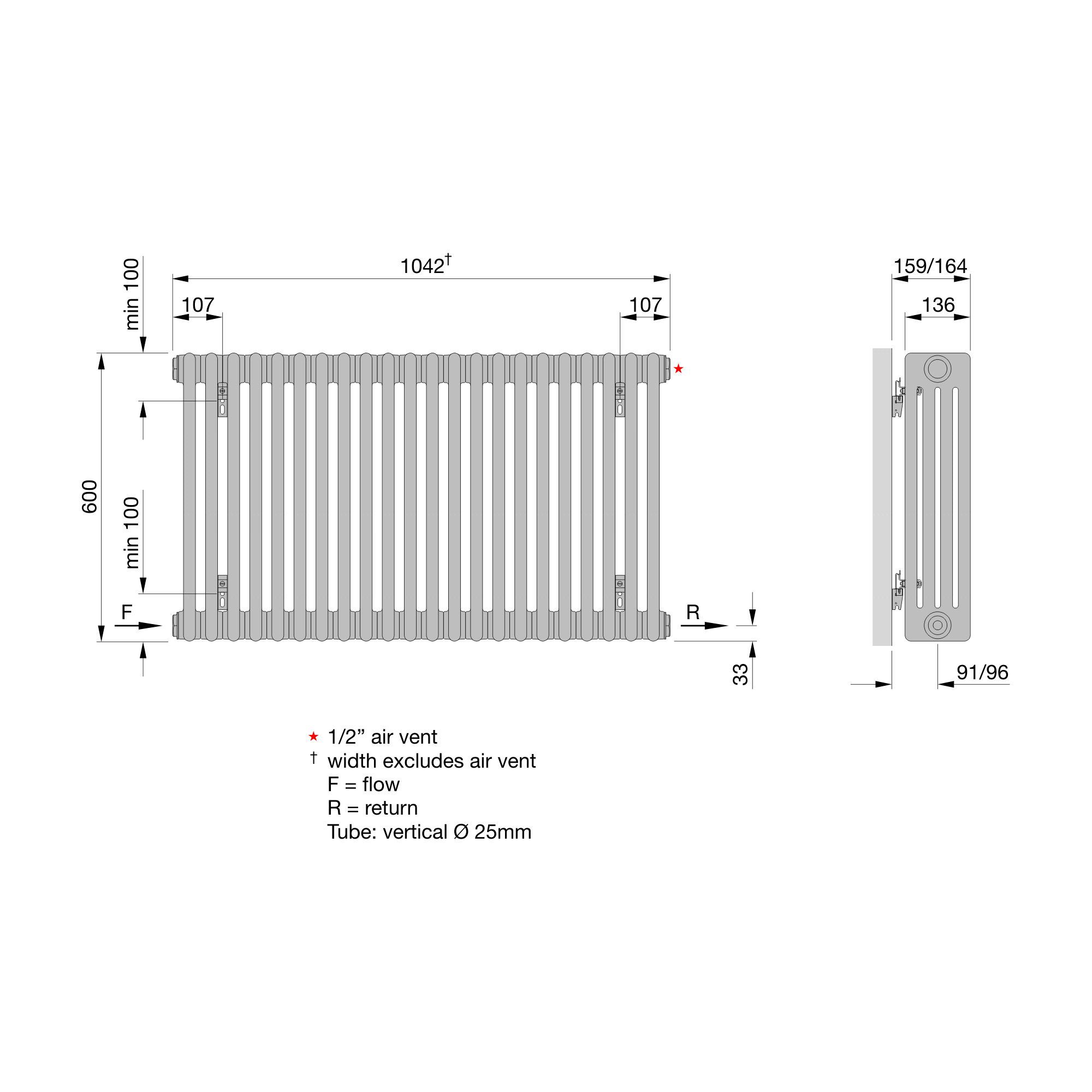 Acova White 4 Column Radiator, (W)1042mm x (H)600mm