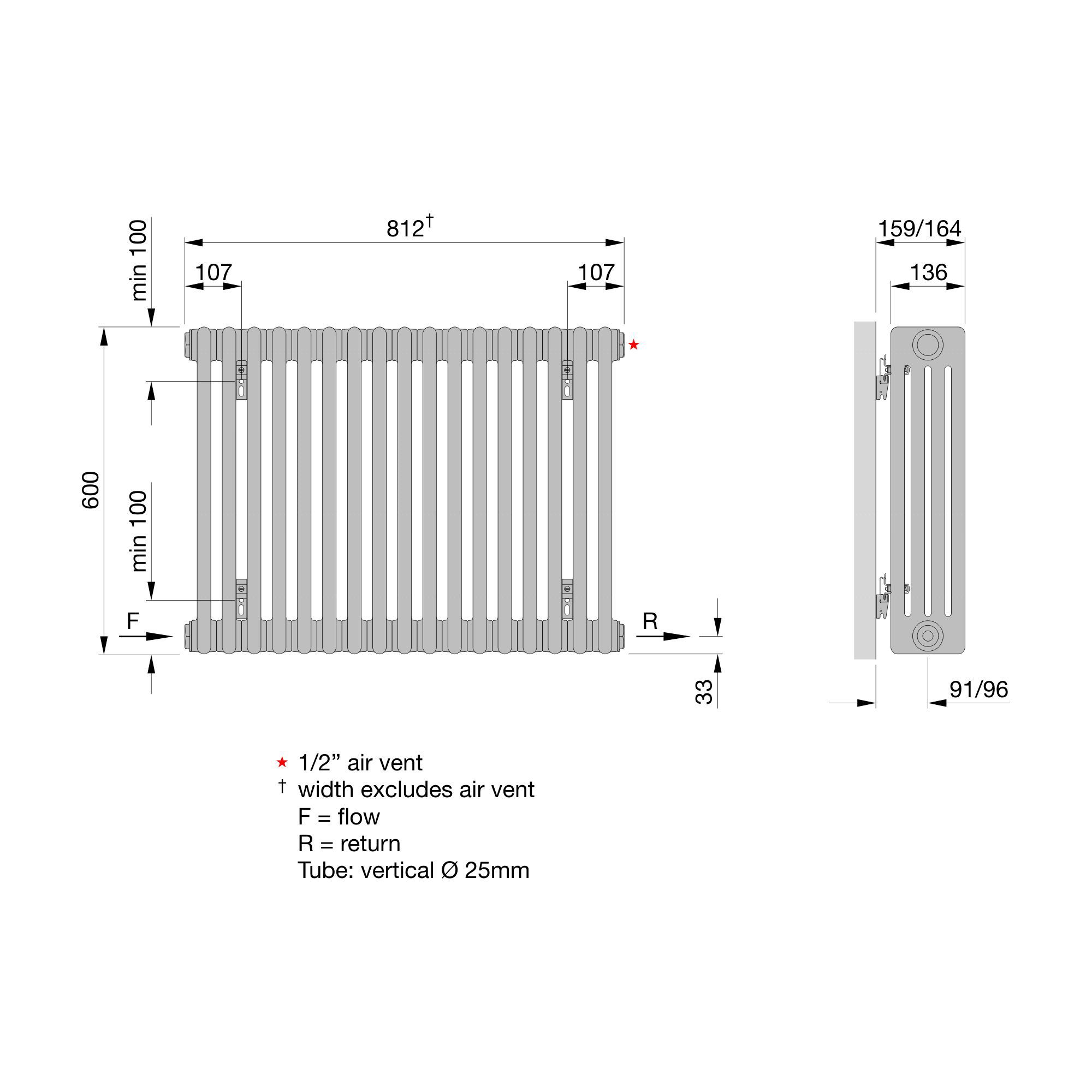 Acova White 4 Column Radiator, (W)812mm x (H)600mm