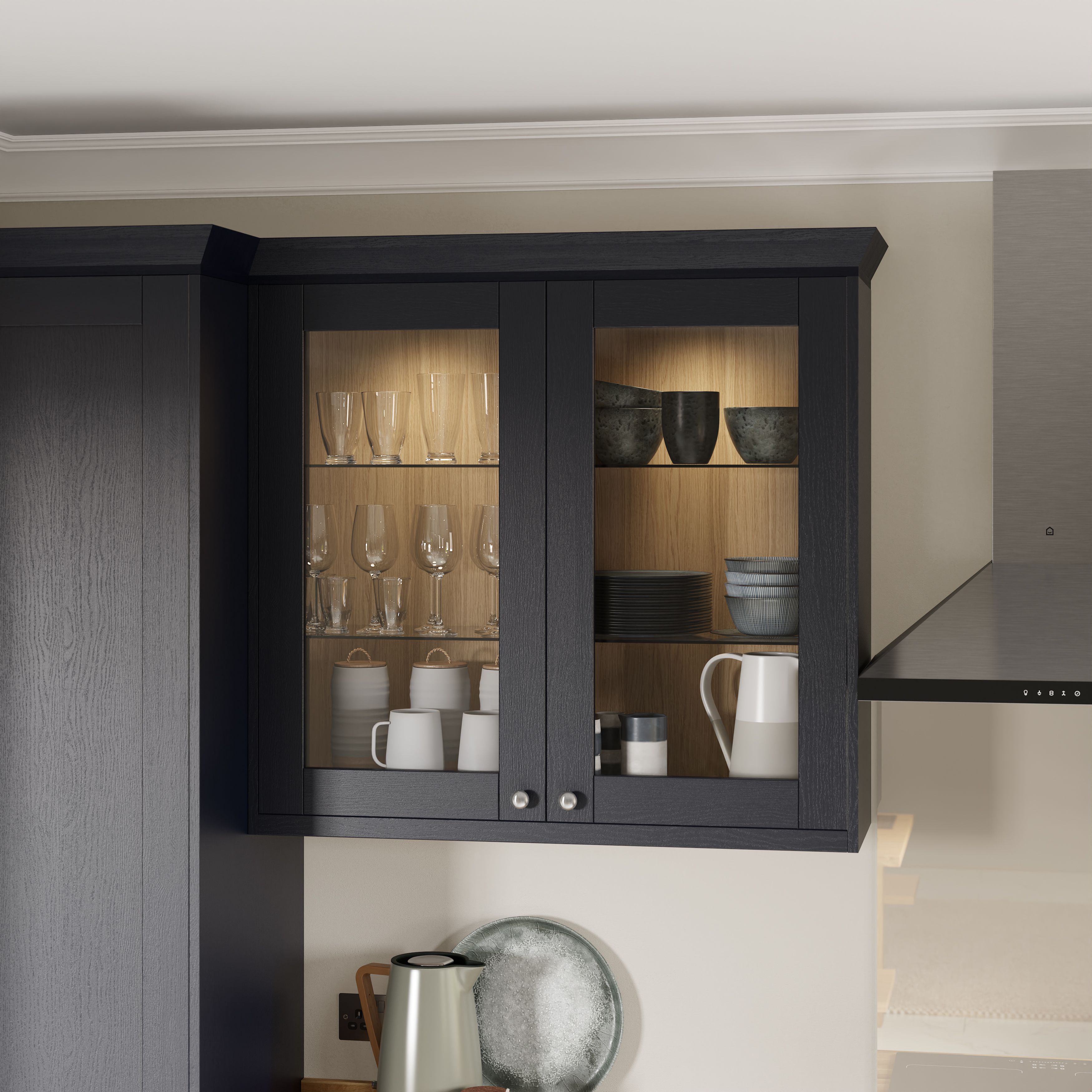 Alpinia Matt midnight navy wood effect Shaker Glazed Tall glazed Cabinet door (W)500mm (H)895mm (T)18mm