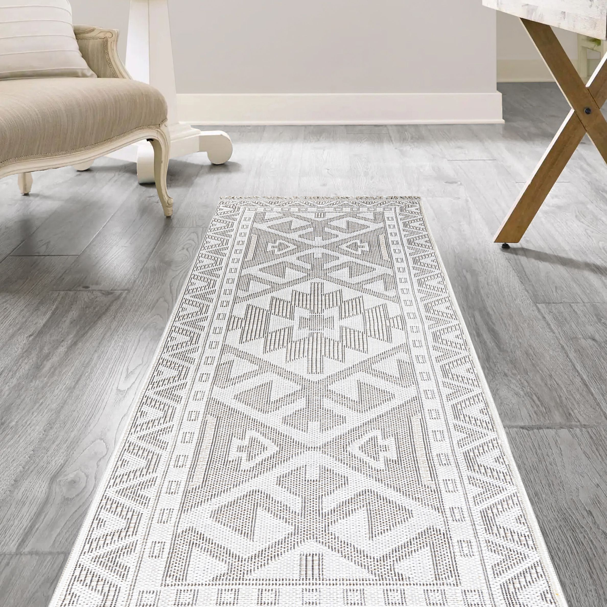 Ankara Beige Aztec Woven effect Medium Runner, (L)180cm x (W)60cm