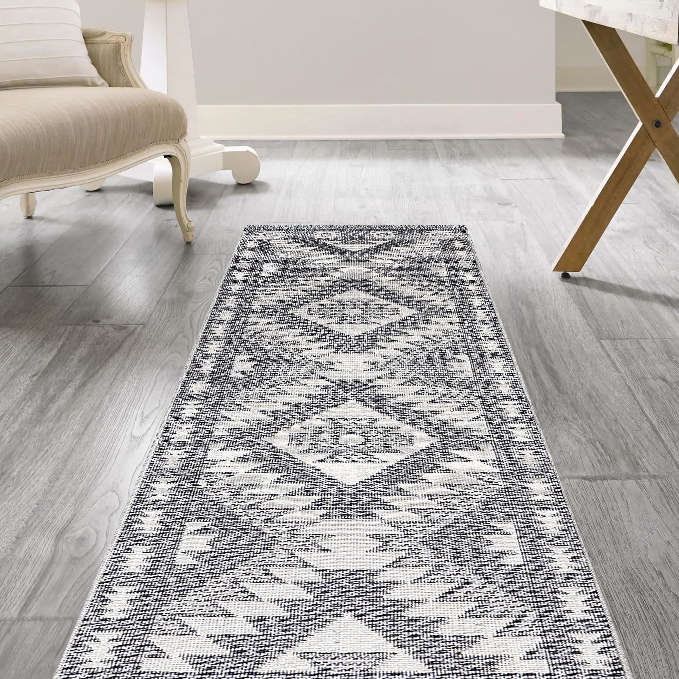 Ankara Grey Aztec Woven effect Medium Runner, (L)180cm x (W)60cm