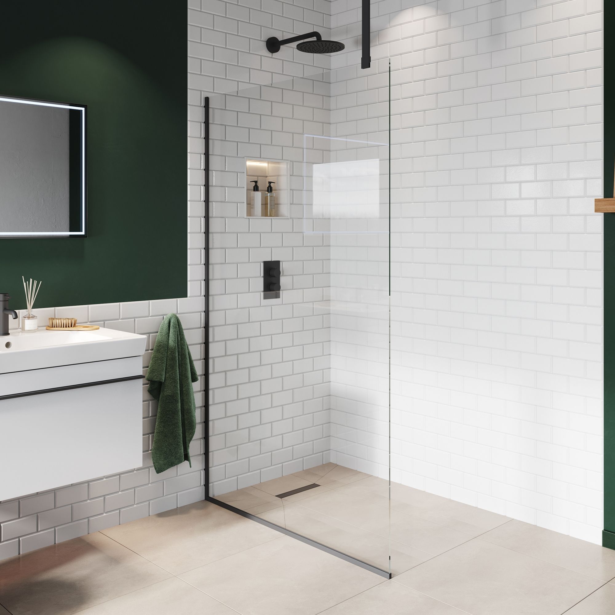 Aquadry Cassien Matt Black Rectangular Wet room glass screen kit & Ceiling-mounted bar (H)200cm (W)80cm