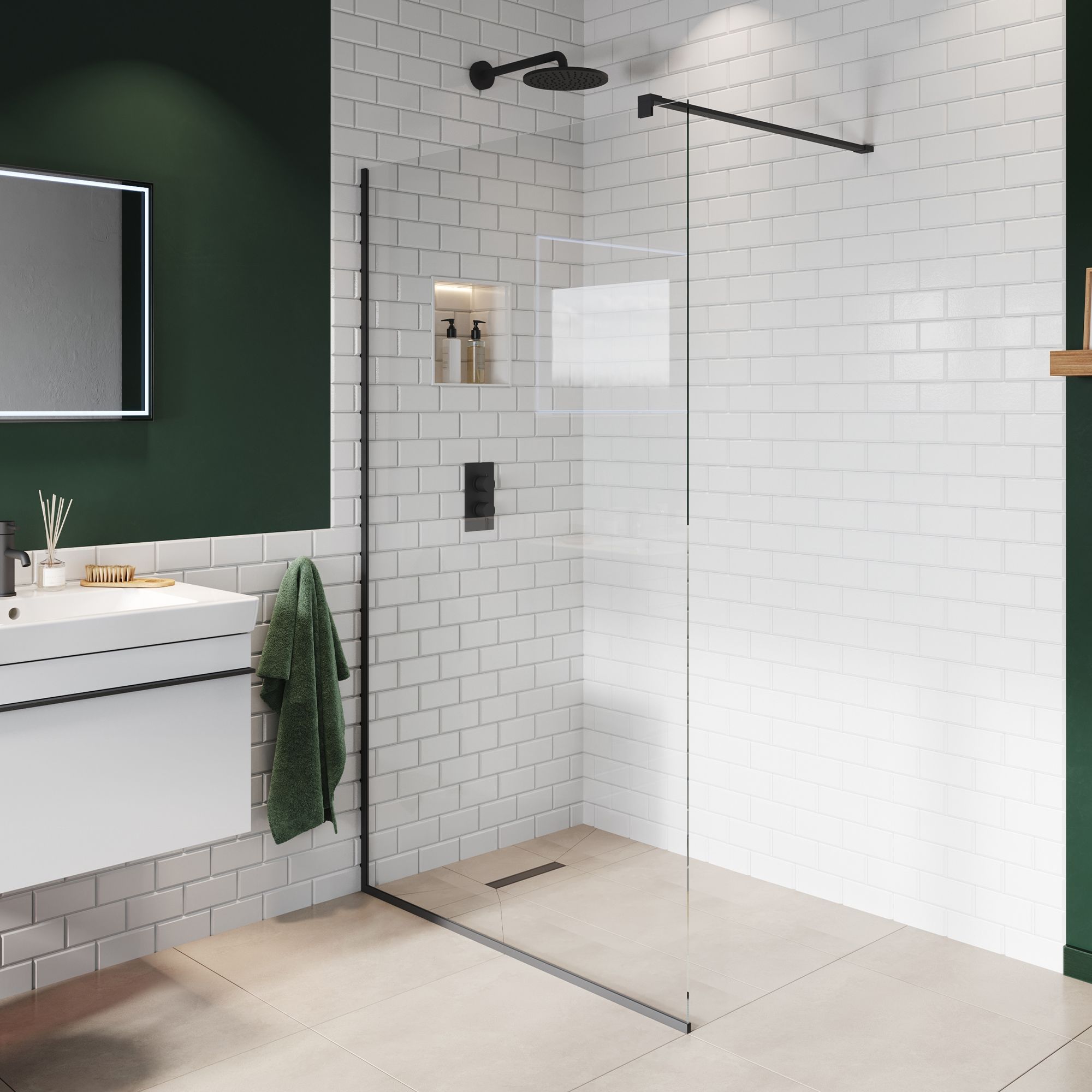 Aquadry Cassien Matt Black Rectangular Wet room glass screen kit & Wall-mounted bar (H)200cm (W)100cm