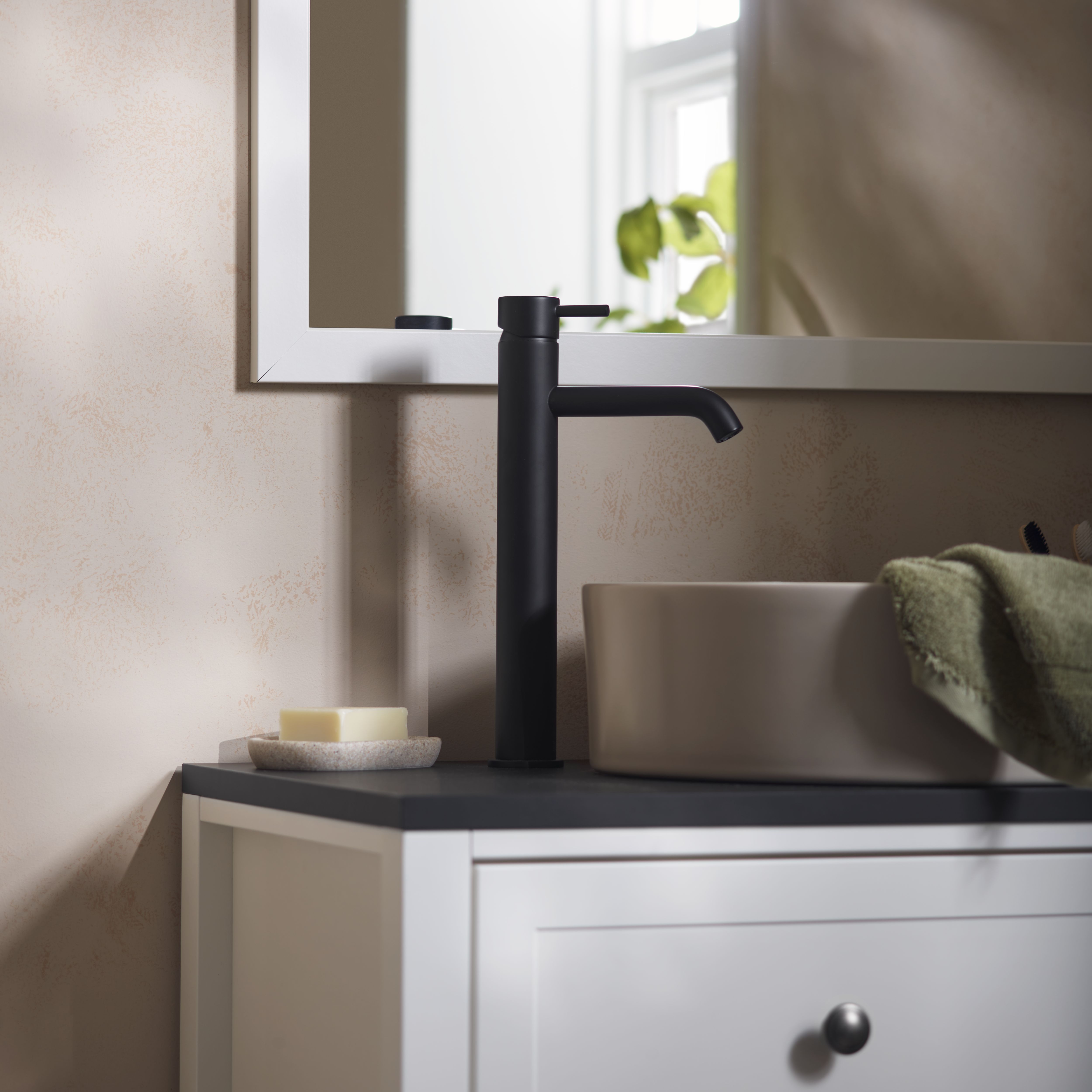 Aquadry Oria Tall Matt Black Round Deck-mounted Sink or worktop Tap