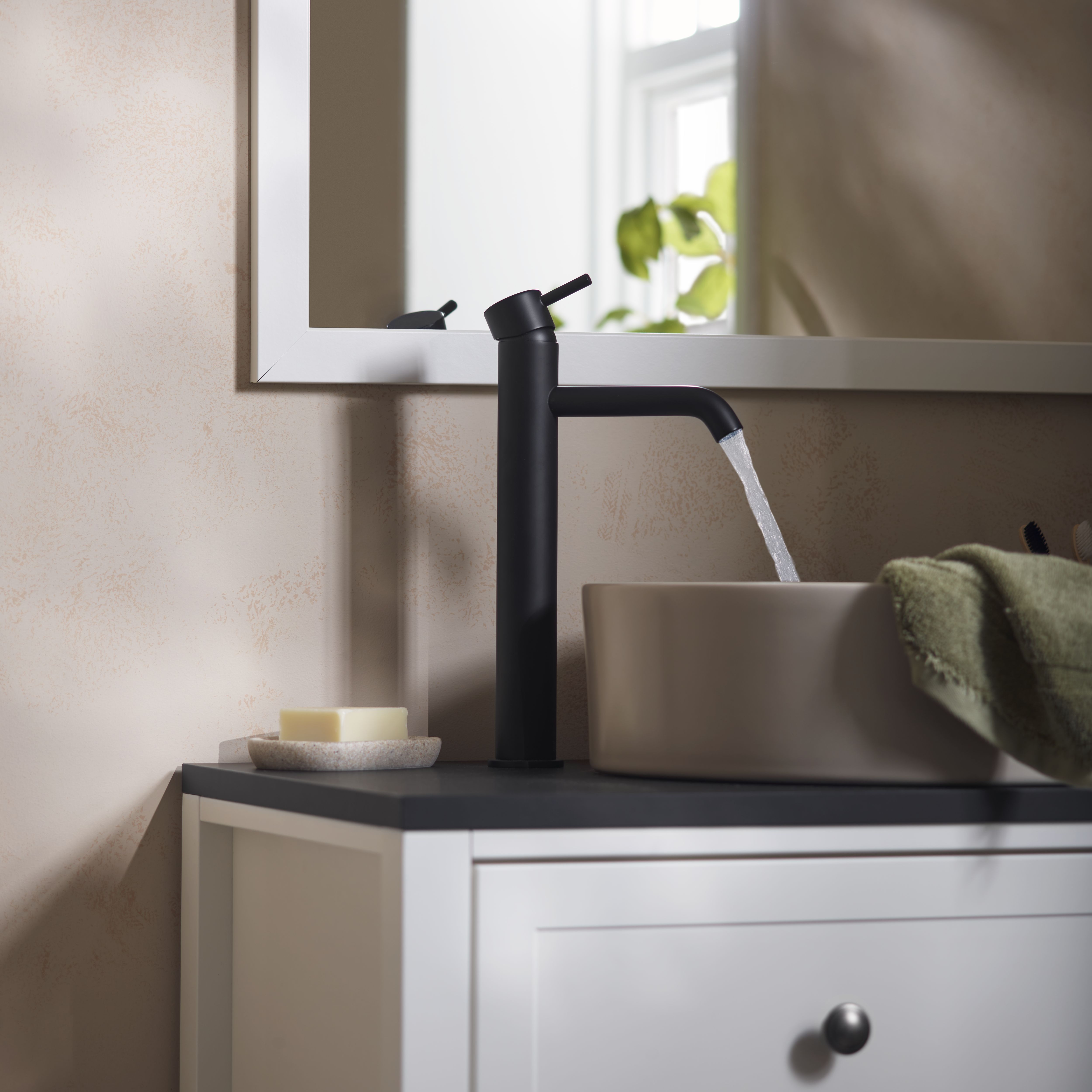 Aquadry Oria Tall Matt Black Round Deck-mounted Sink or worktop Tap