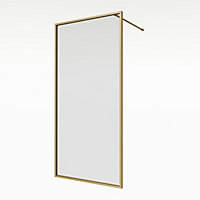 Aqualux AQ PRO Brushed Brass Clear Single Wet room glass screen (H)200cm (W)80cm