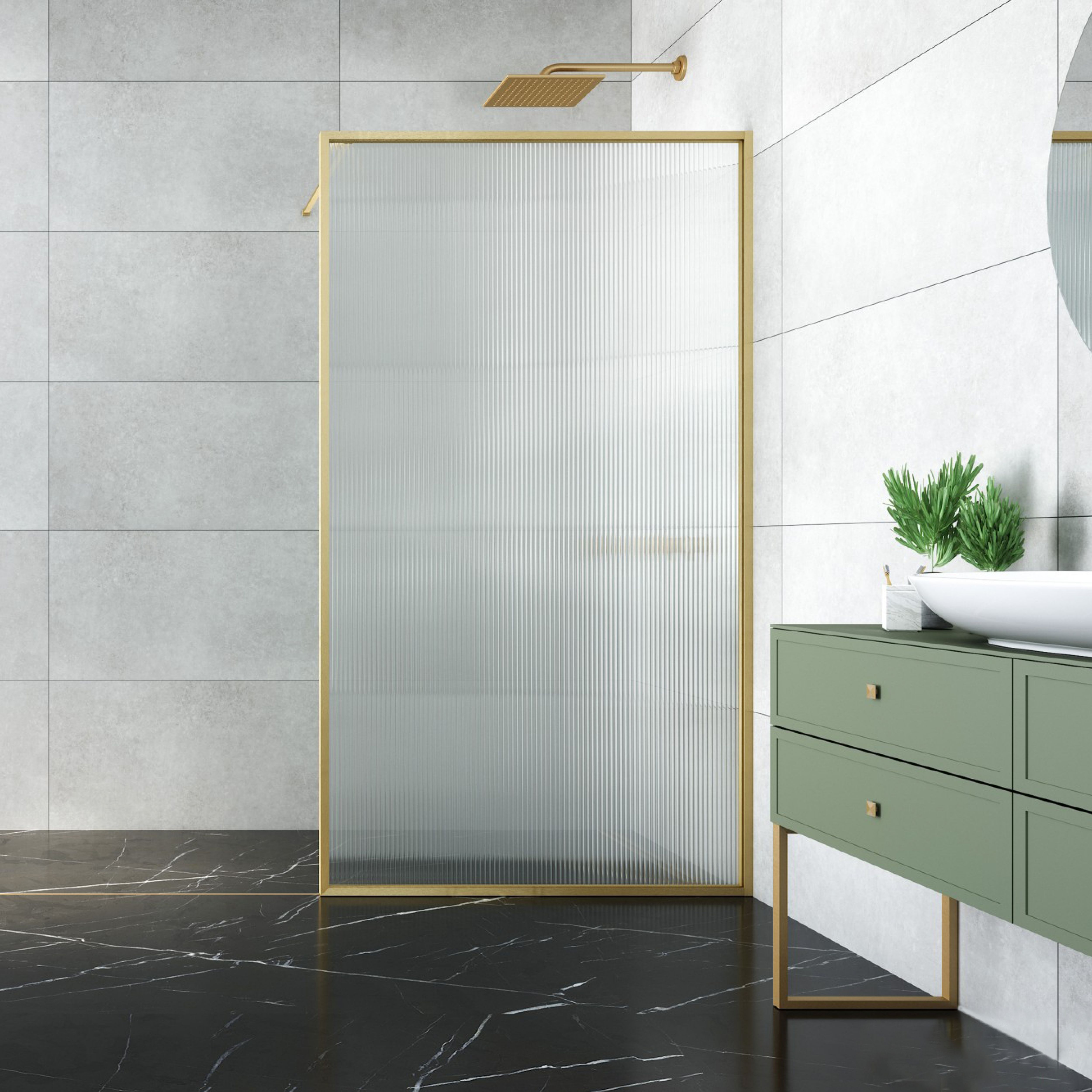Aqualux AQ PRO Brushed Brass Fluted Single Wet room glass screen (H)200cm (W)120cm