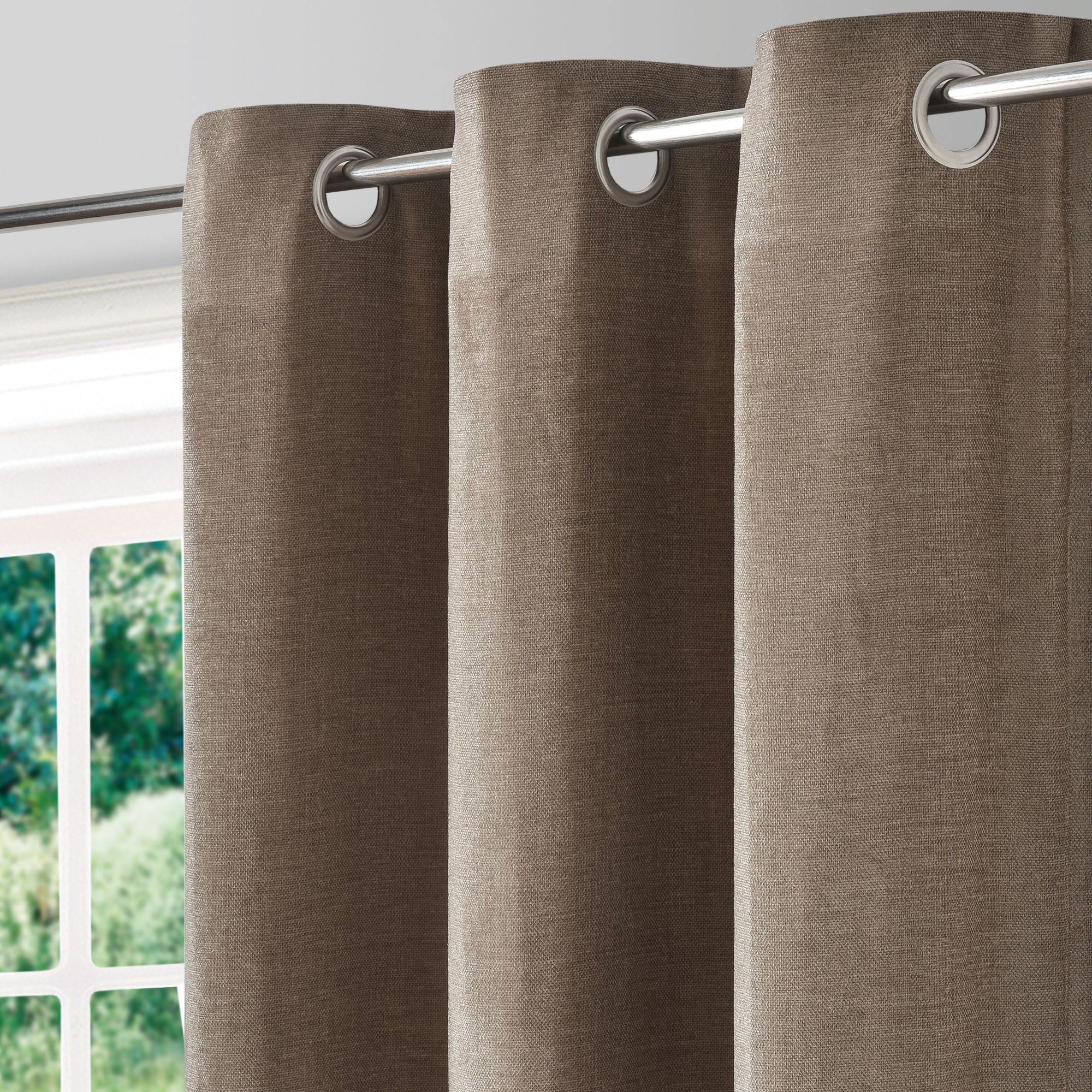 Arntzen Taupe Plain woven Lined Eyelet Curtain (W)228cm (L)228cm, Pair