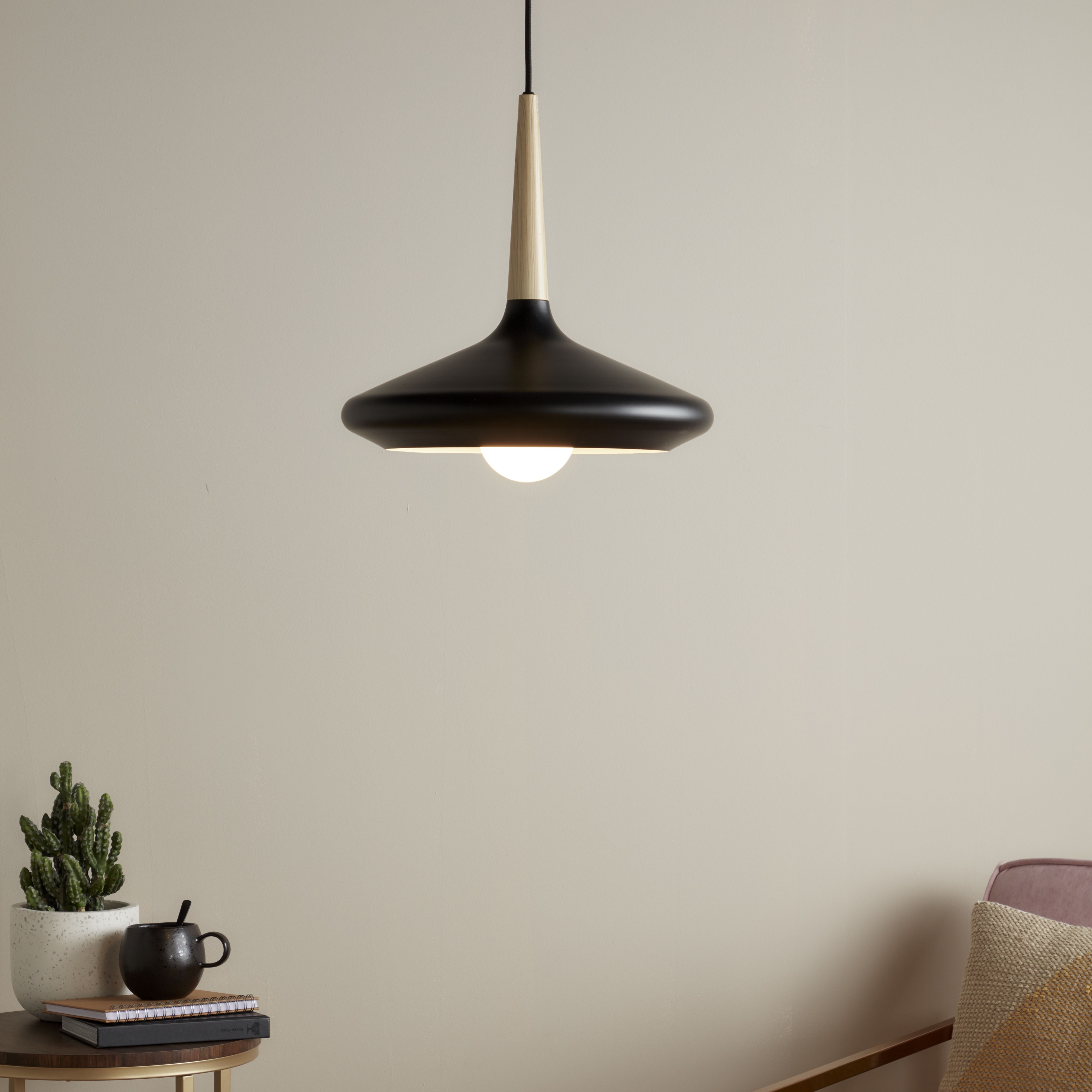 Arraqis Matt Black Wood effect Pendant ceiling light, (Dia)360mm