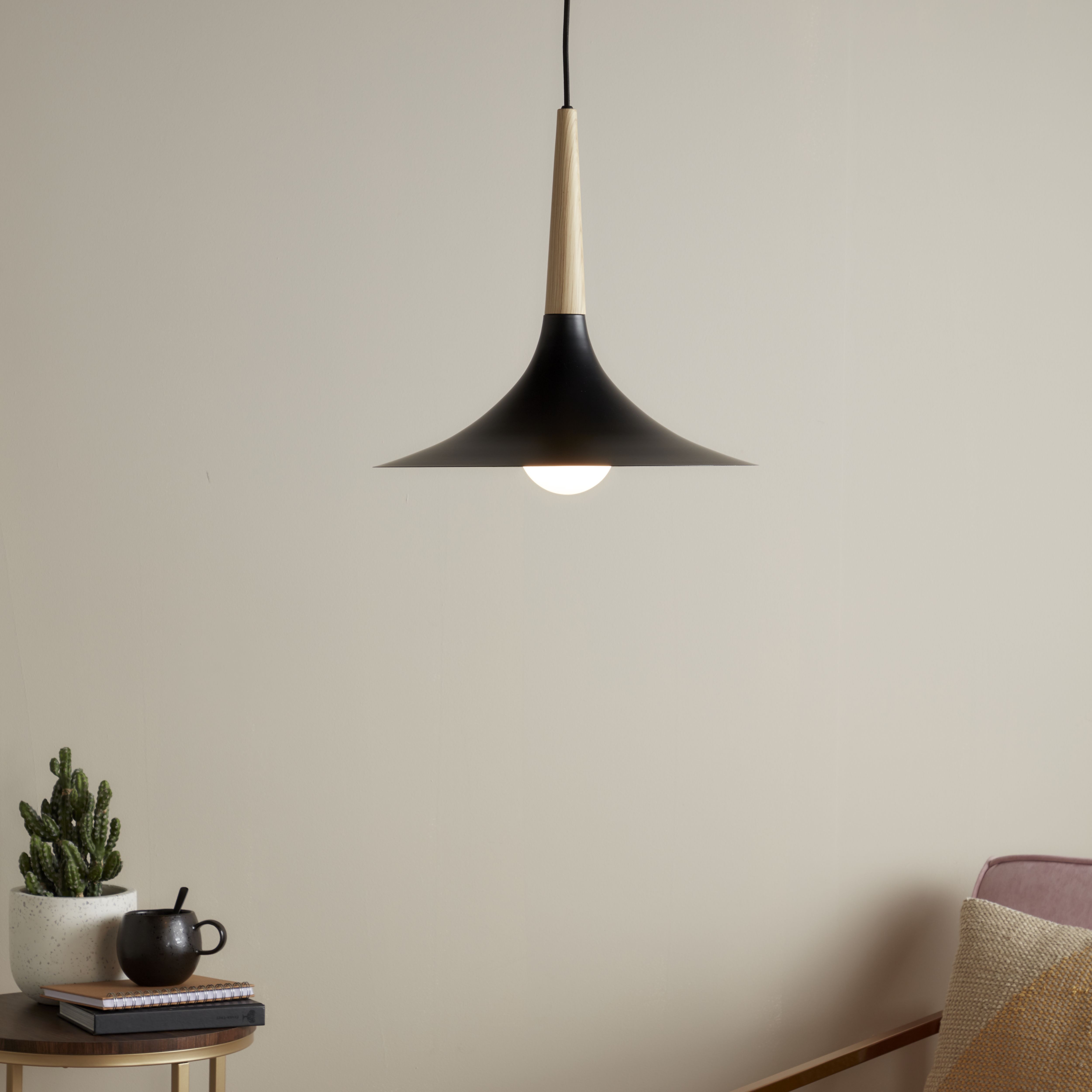 Arraqis Matt Black Wood effect Pendant ceiling light, (Dia)380mm