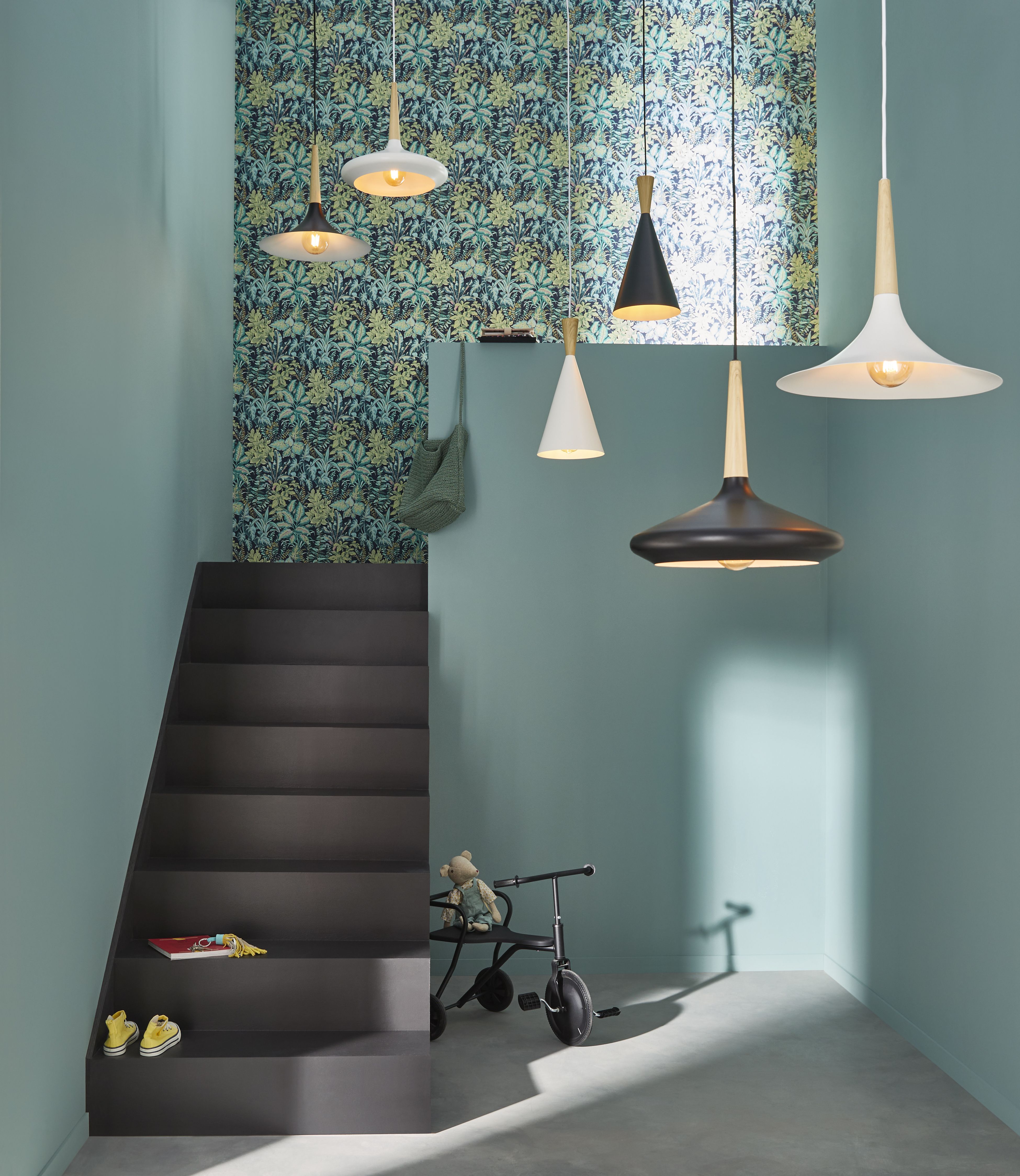 Arraqis Matt Black Wood effect Pendant ceiling light, (Dia)380mm