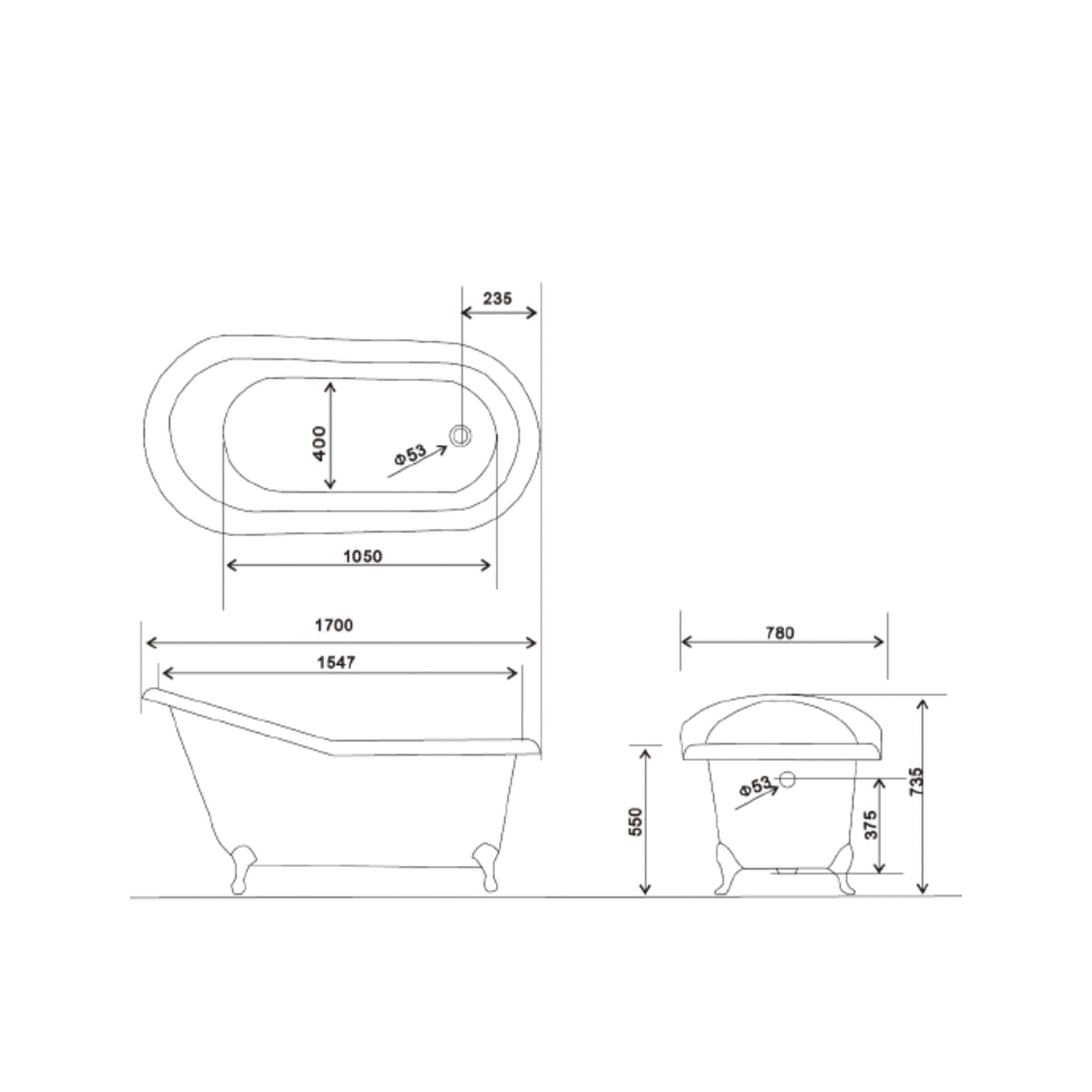 Arroll Bordeaux Gloss Blue Slipper Single ended Bath (L)1700mm (W)780mm