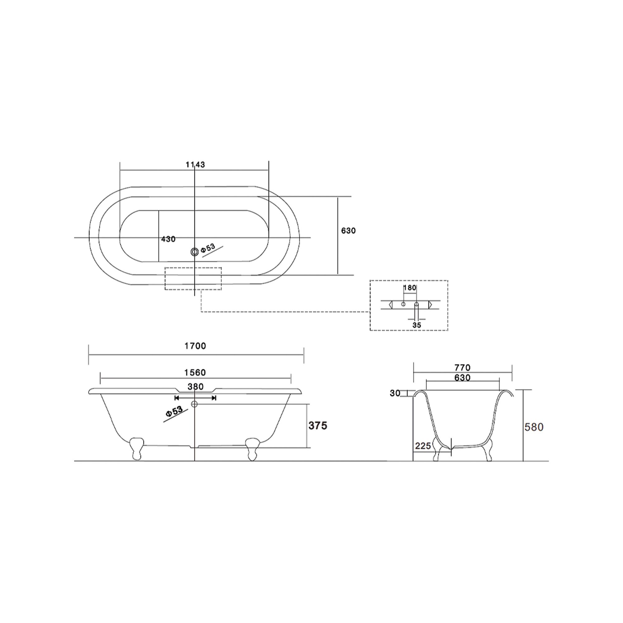 Arroll Moulin Gloss Black Roll-top Double ended Bath (L)1700mm (W)770mm