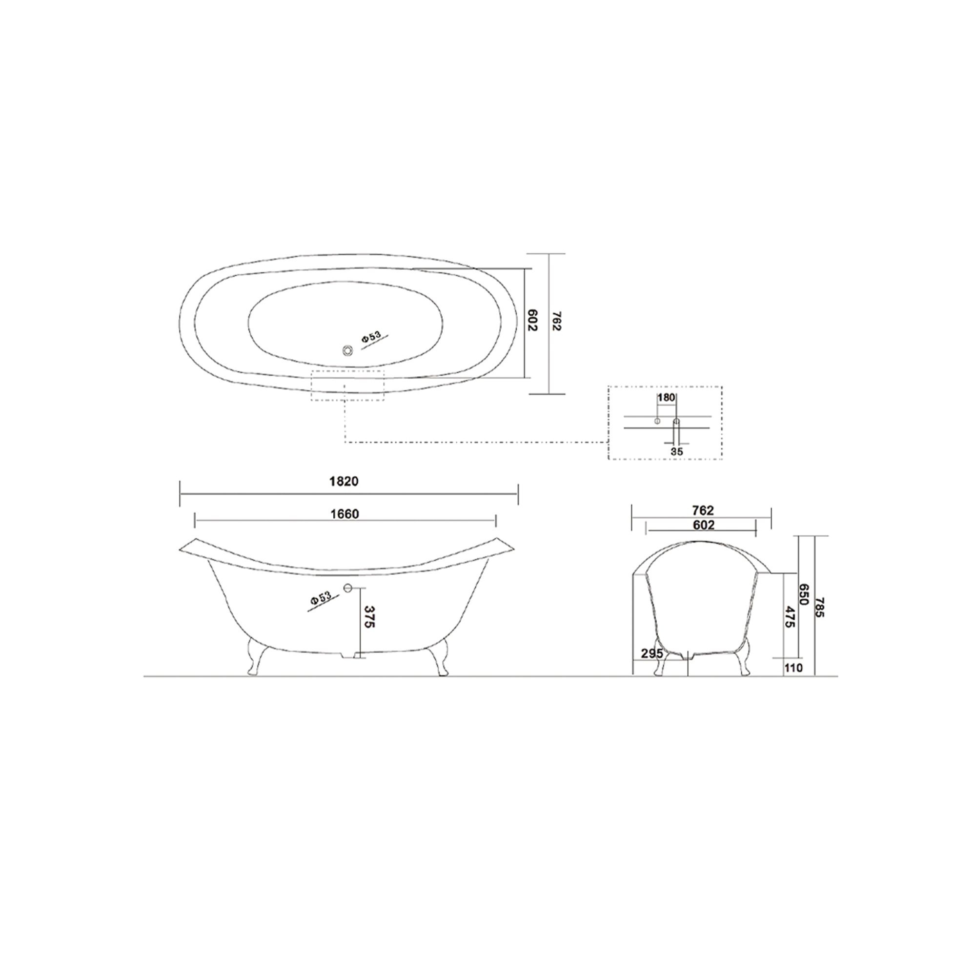 Arroll Villandry Gloss Black Slipper Double ended Bath (L)1820mm (W)762mm
