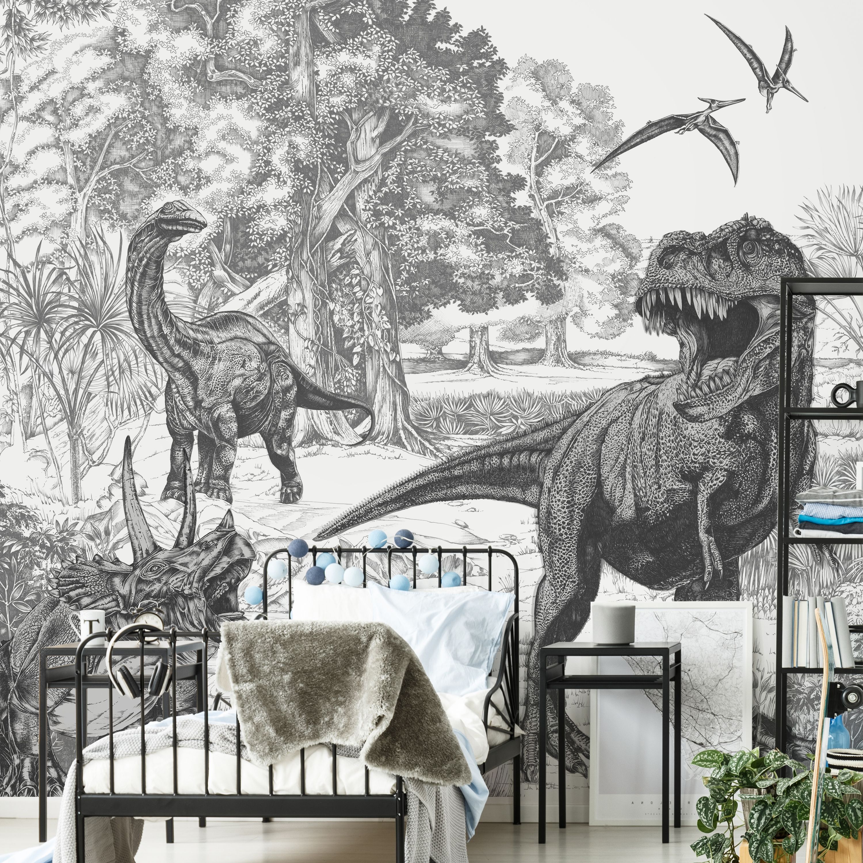 Art for the Home Black & white Sketched dinosaur Matt Mural