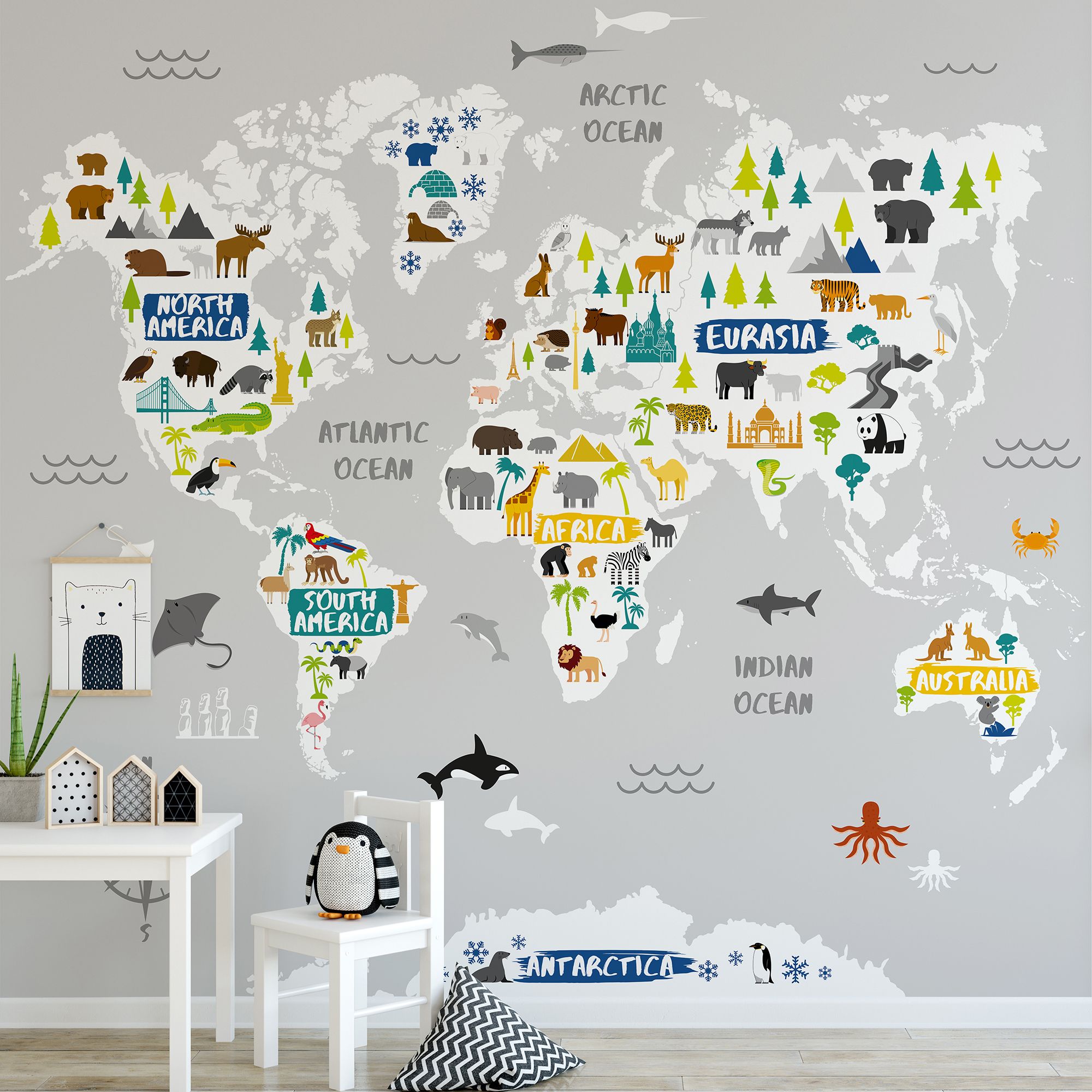 Art for the Home Multicolour World map jungle Matt Mural