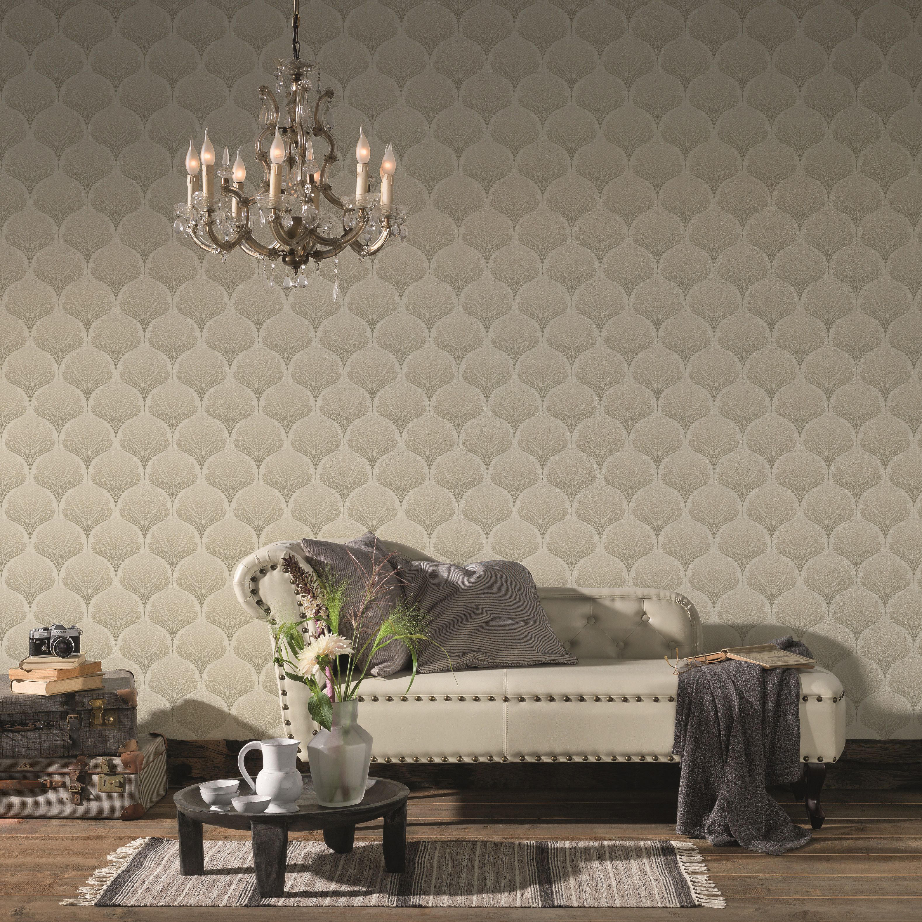 As Creation Beige, taupe & white Foliage Textured Wallpaper Sample