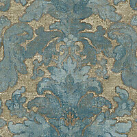 As Creation Bohemian burlesque Brown, petrol blue & sage Large damask Metallic effect Embossed Wallpaper
