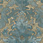 As Creation Bohemian burlesque Brown, petrol blue & sage Large damask Metallic effect Embossed Wallpaper