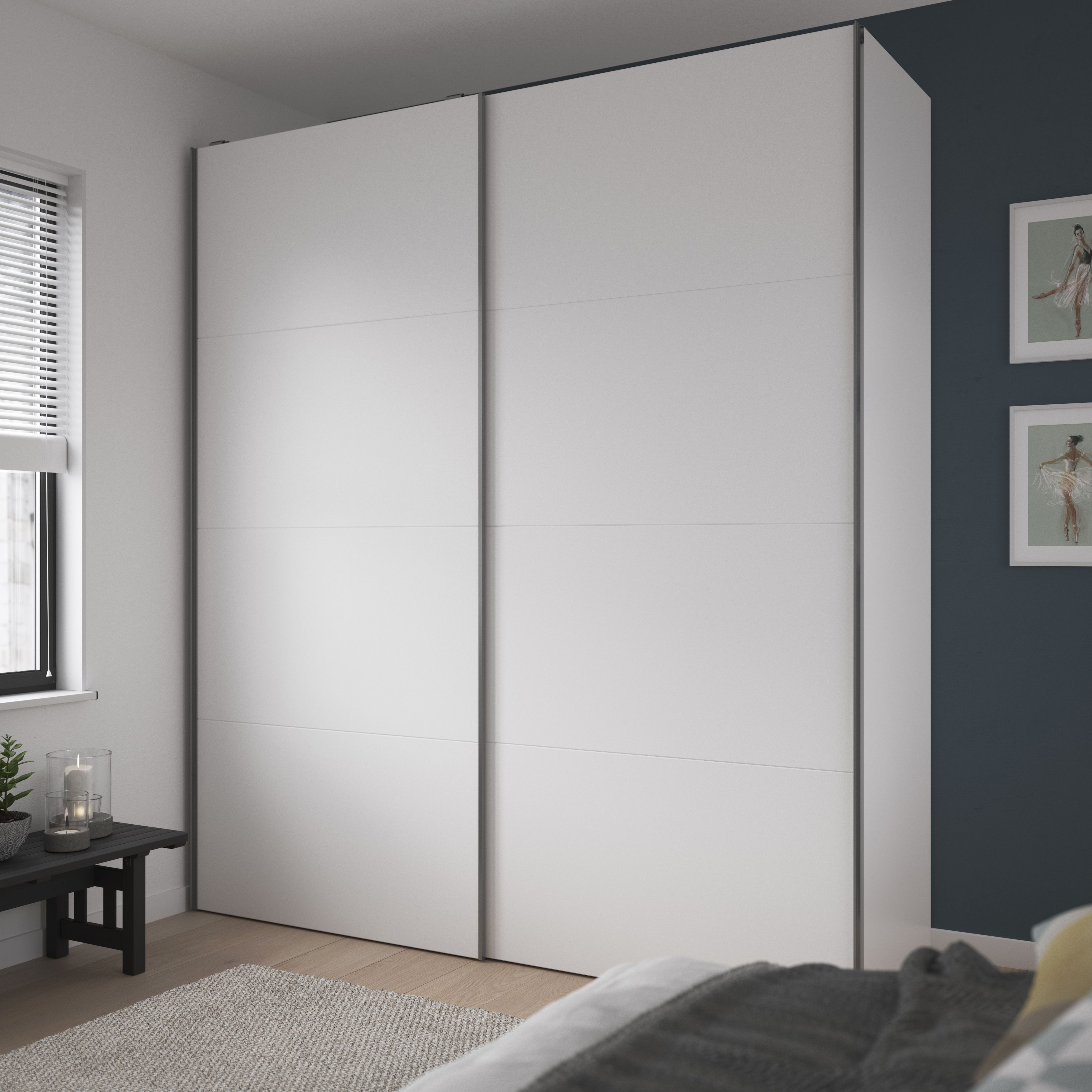 Atomia Minimalist Panelled White 2 door Sliding Wardrobe Door kit (H)2250mm (W)1500mm