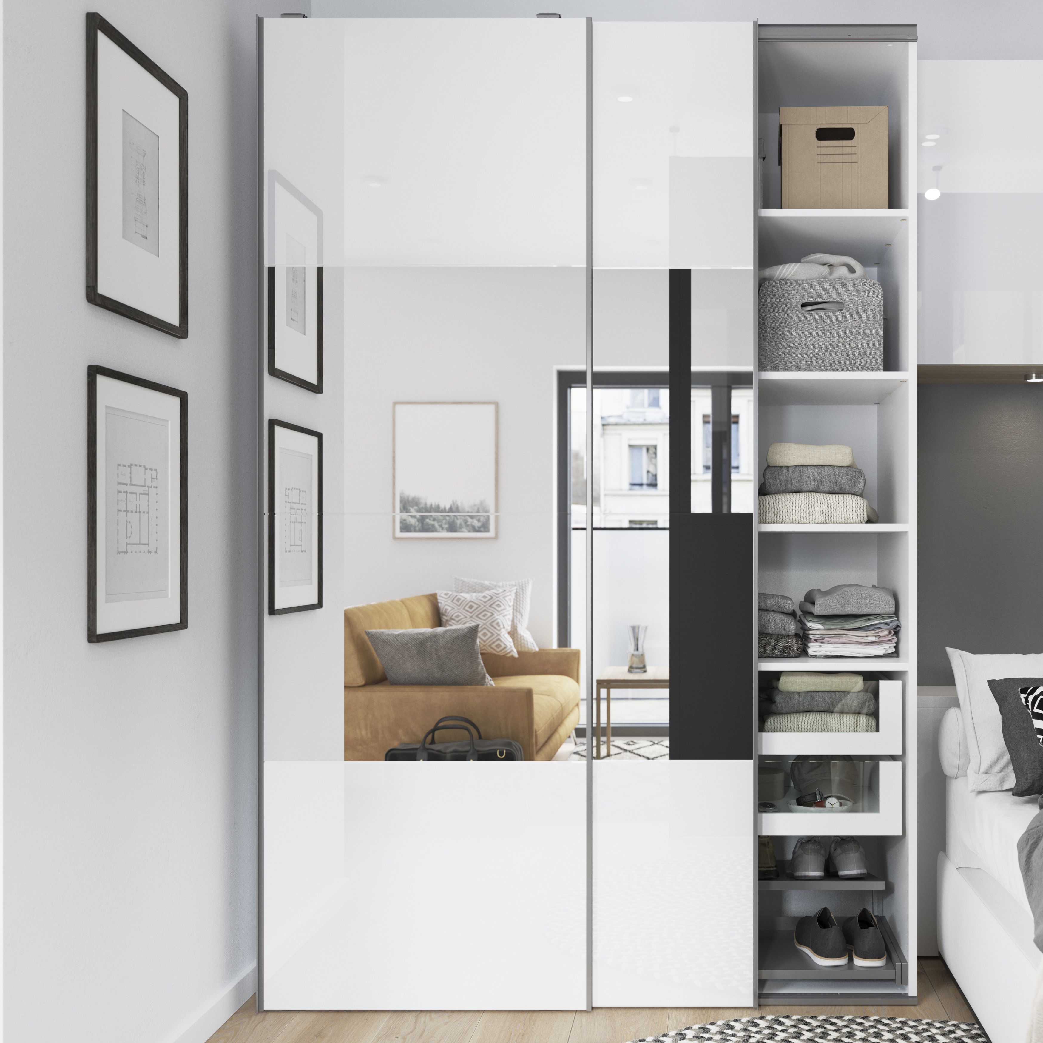 Atomia Panelled Mirrored White 2 door Sliding Wardrobe Door kit (H)2250mm (W)1500mm