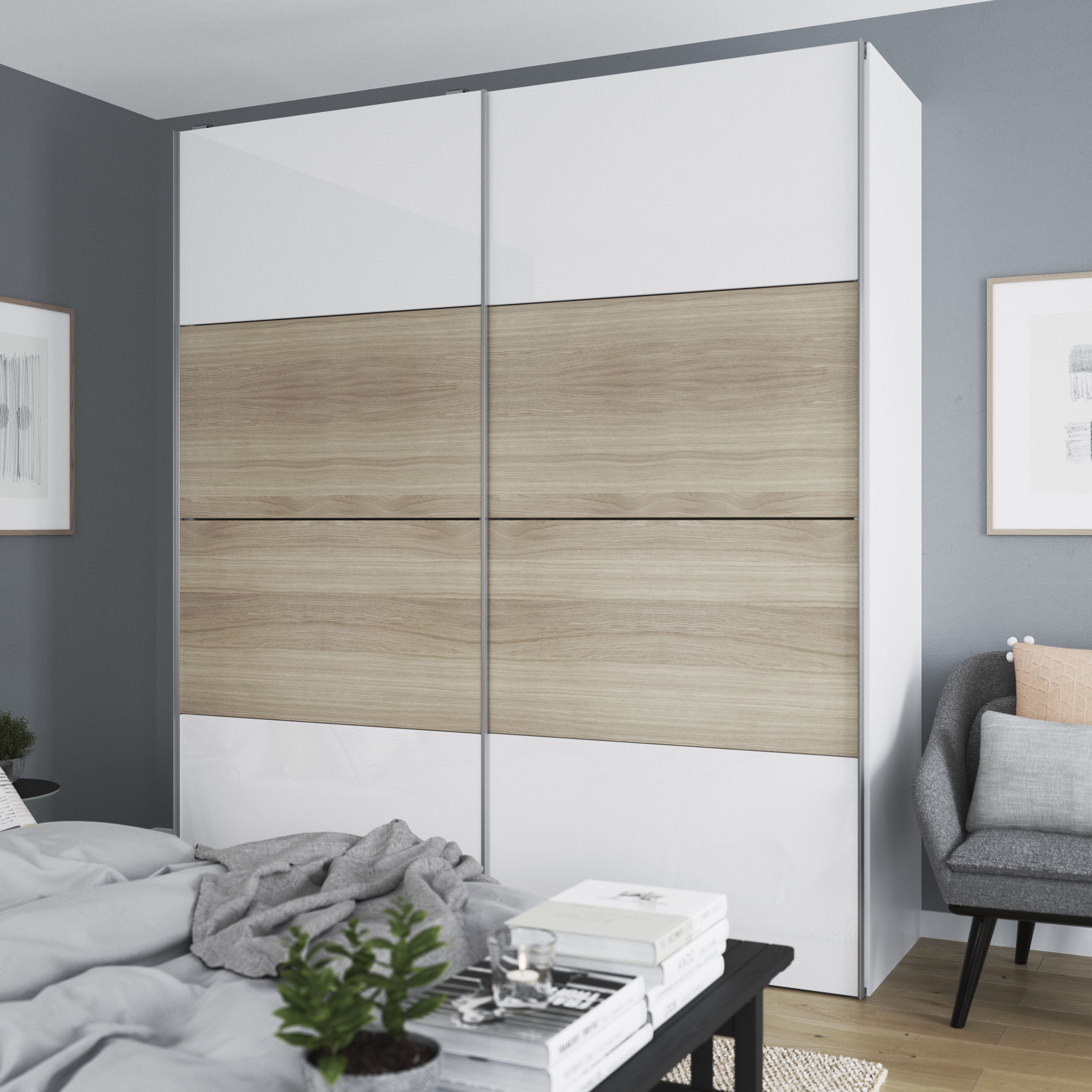 Atomia Panelled White oak effect High gloss 2 door Sliding Wardrobe Door kit (H)2250mm (W)2000mm