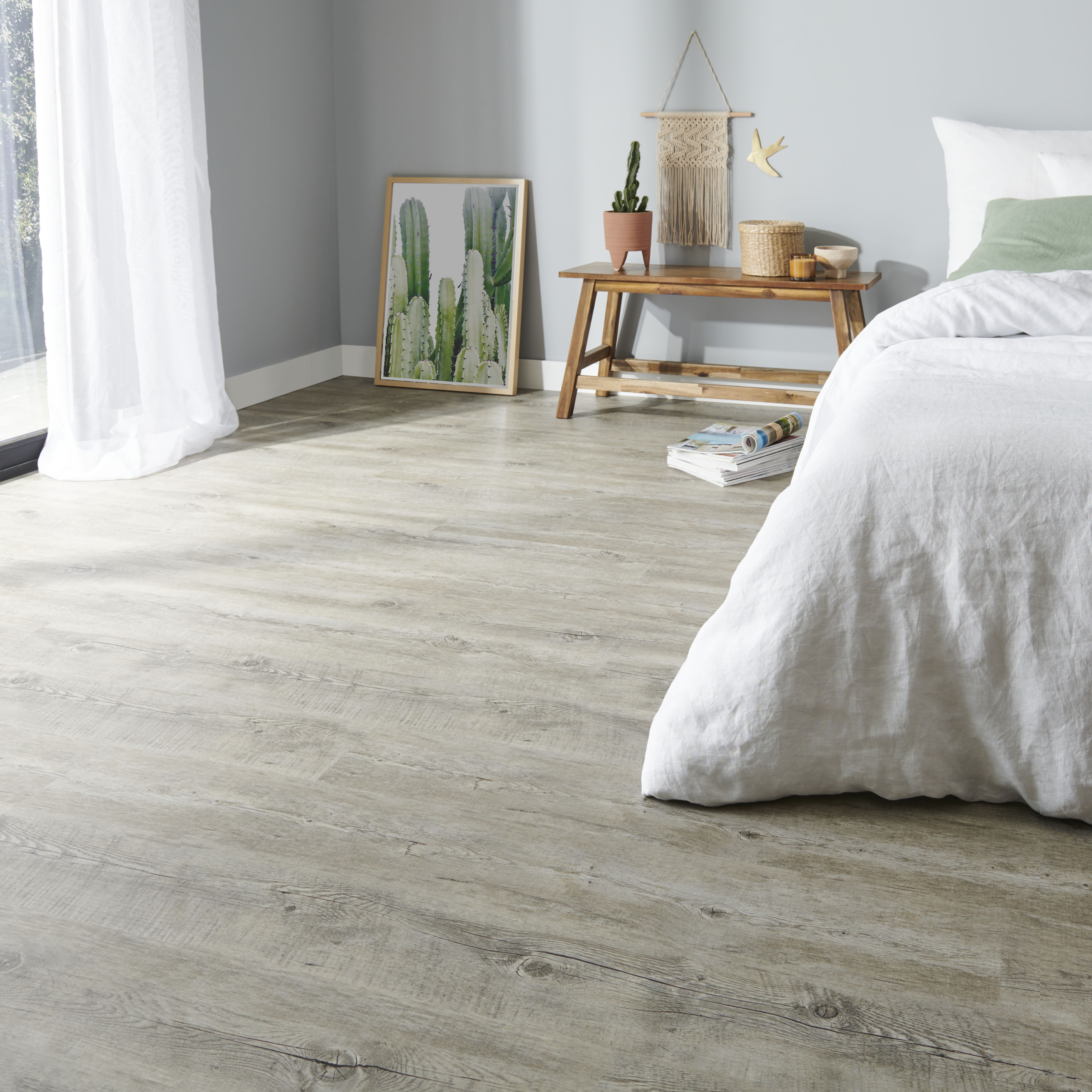 Baila Greige Polyvinyl chloride (PVC) Wood effect Click vinyl Flooring Sample