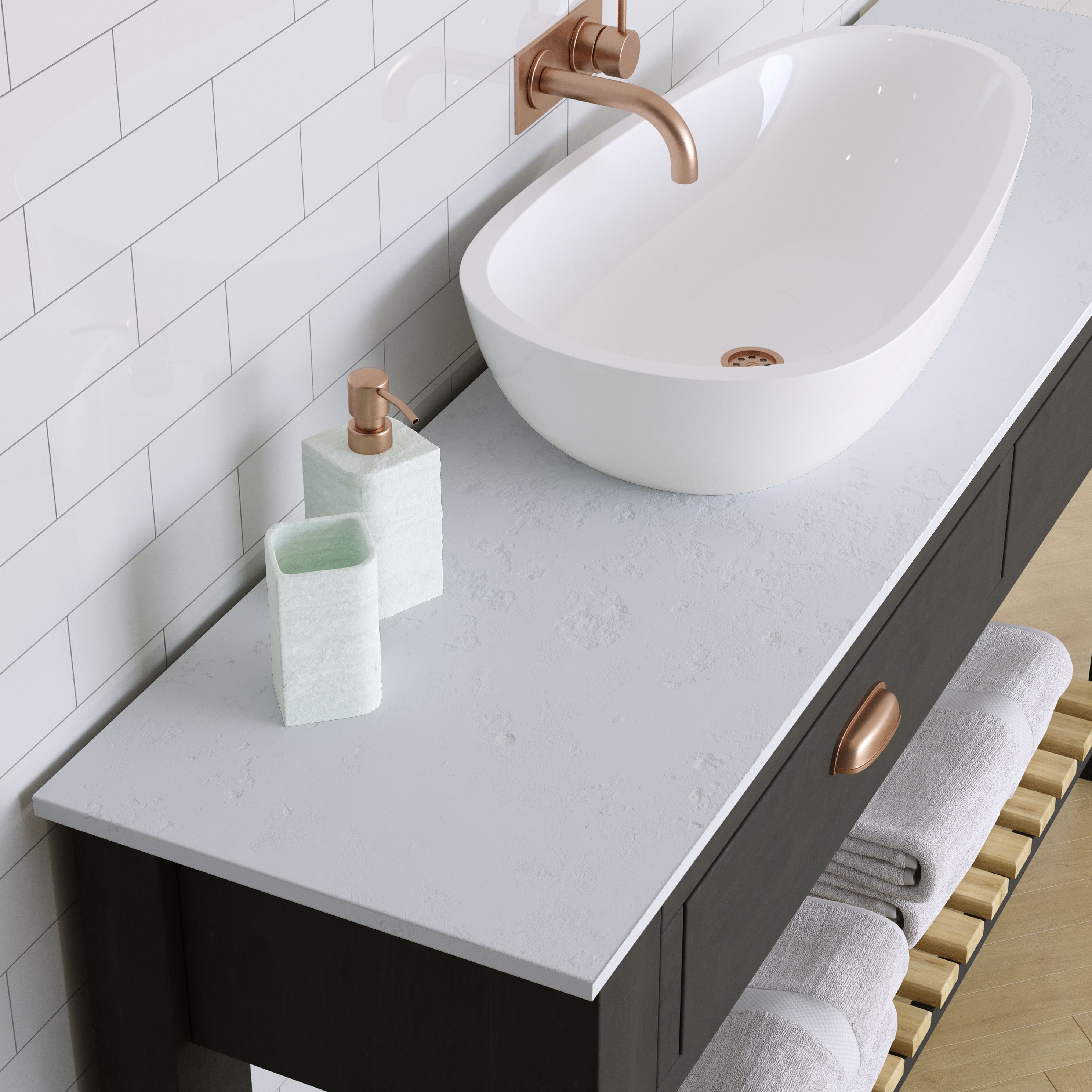 Bathroom Matt White Slate effect Chamfered straight edge Solid core laminate Bathroom Worktop (T) 1.2cm x (L) 300cm x (W) 38cm
