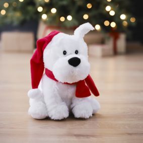 Battery-powered Red & White Dog with Santa hat character