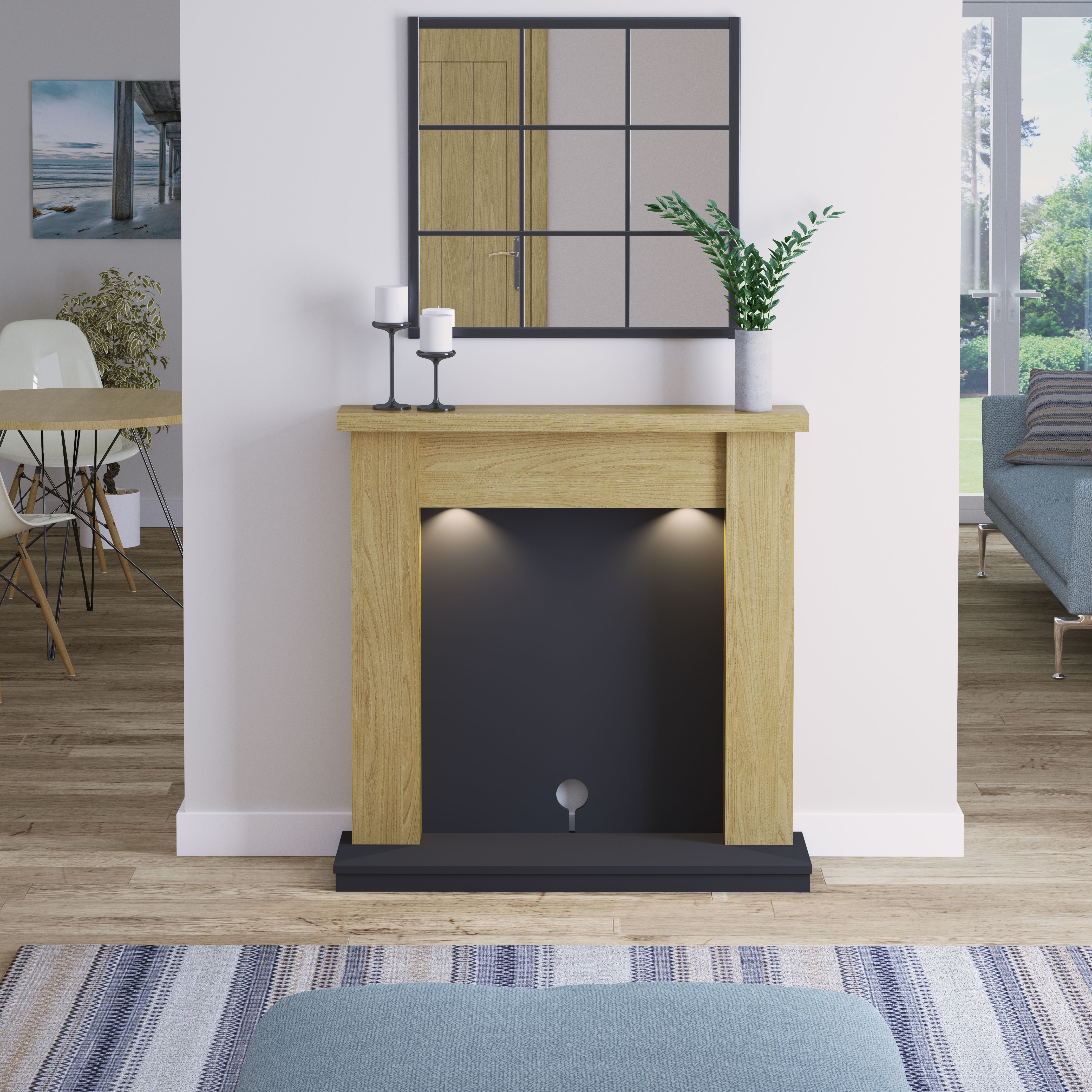 Be Modern Attley Oak effect & Black Oak Fire surround set with lights