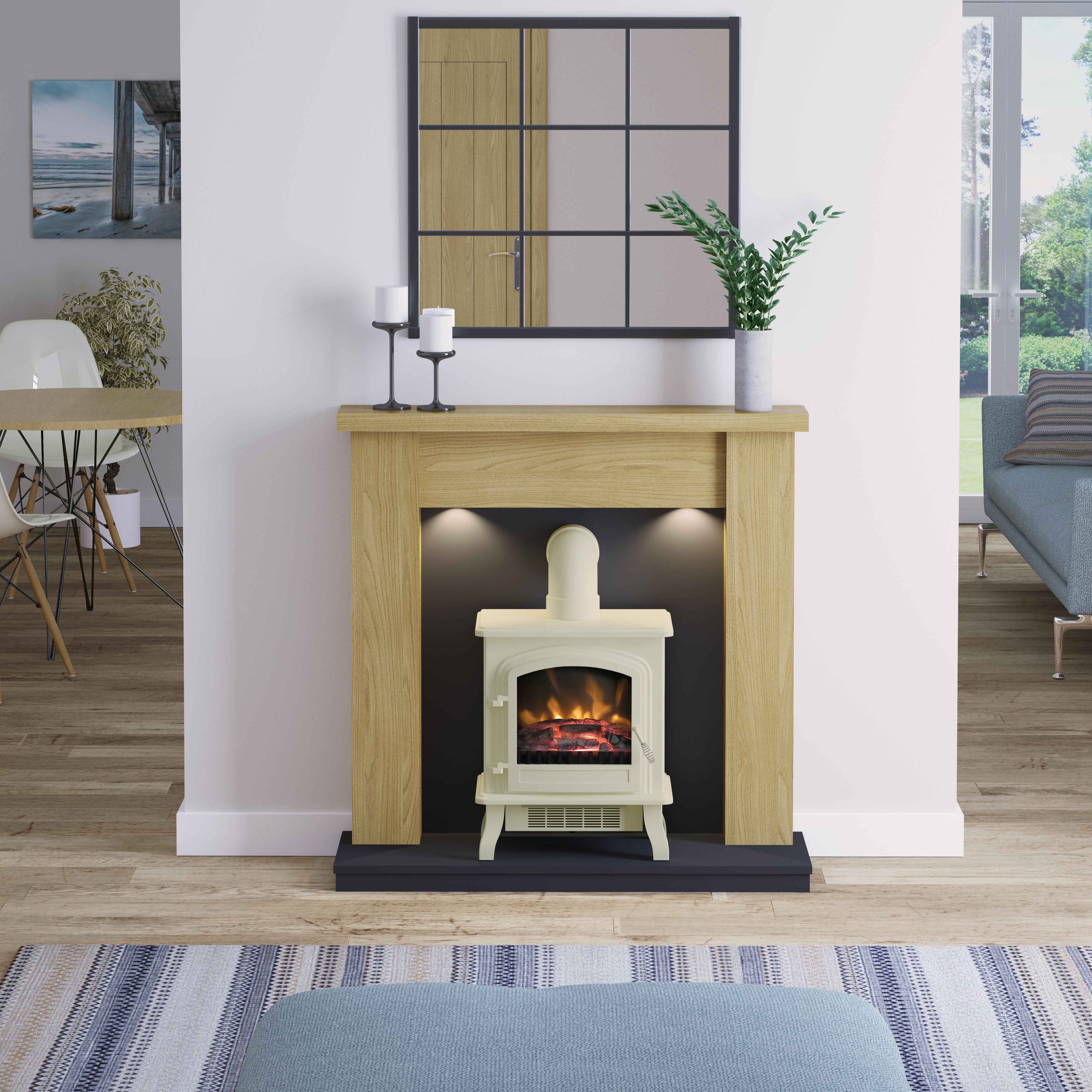Be Modern Attley Oak effect & Black Oak Fire surround set with lights
