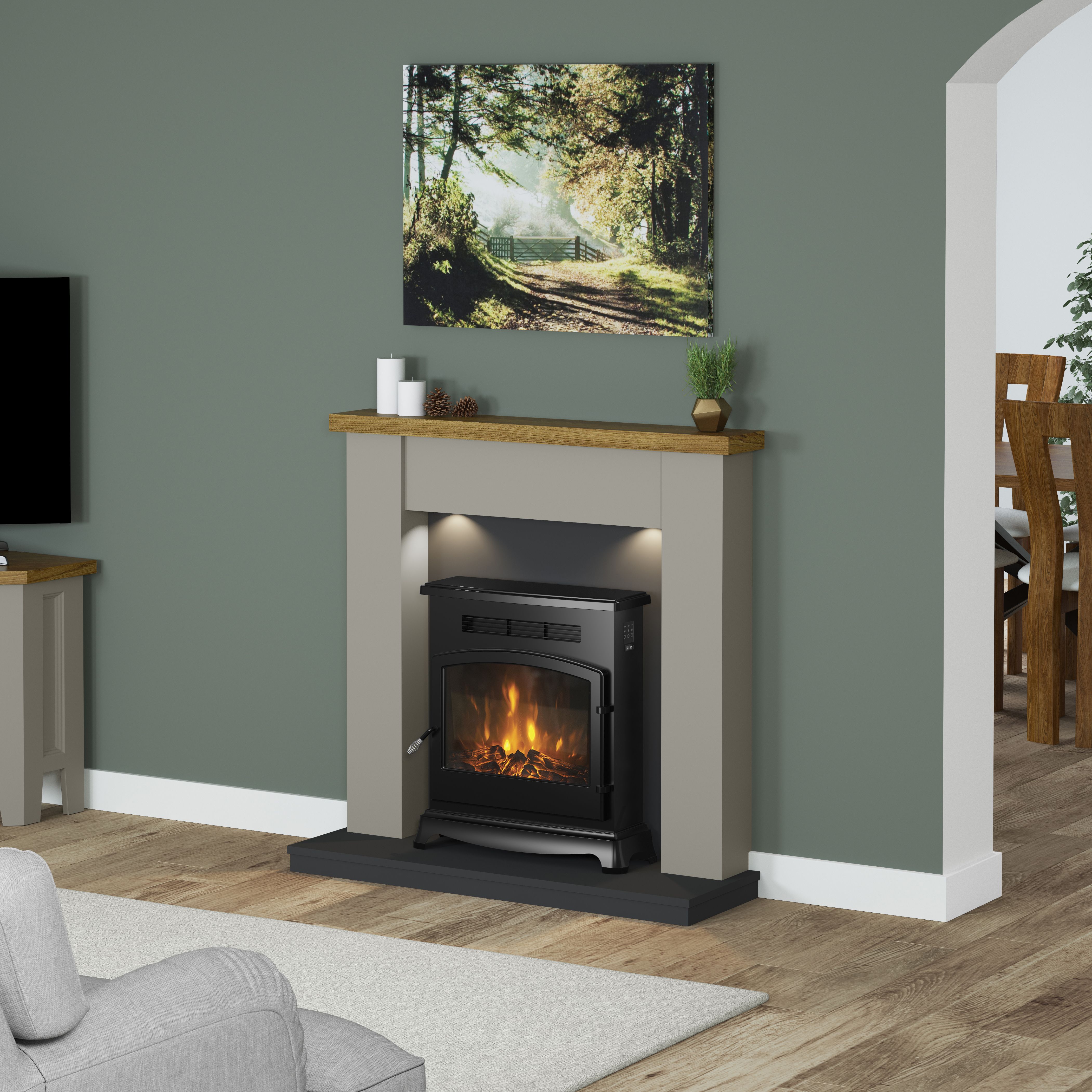 Be Modern Attley Stone & Oak effect Oak Fire surround set with lights