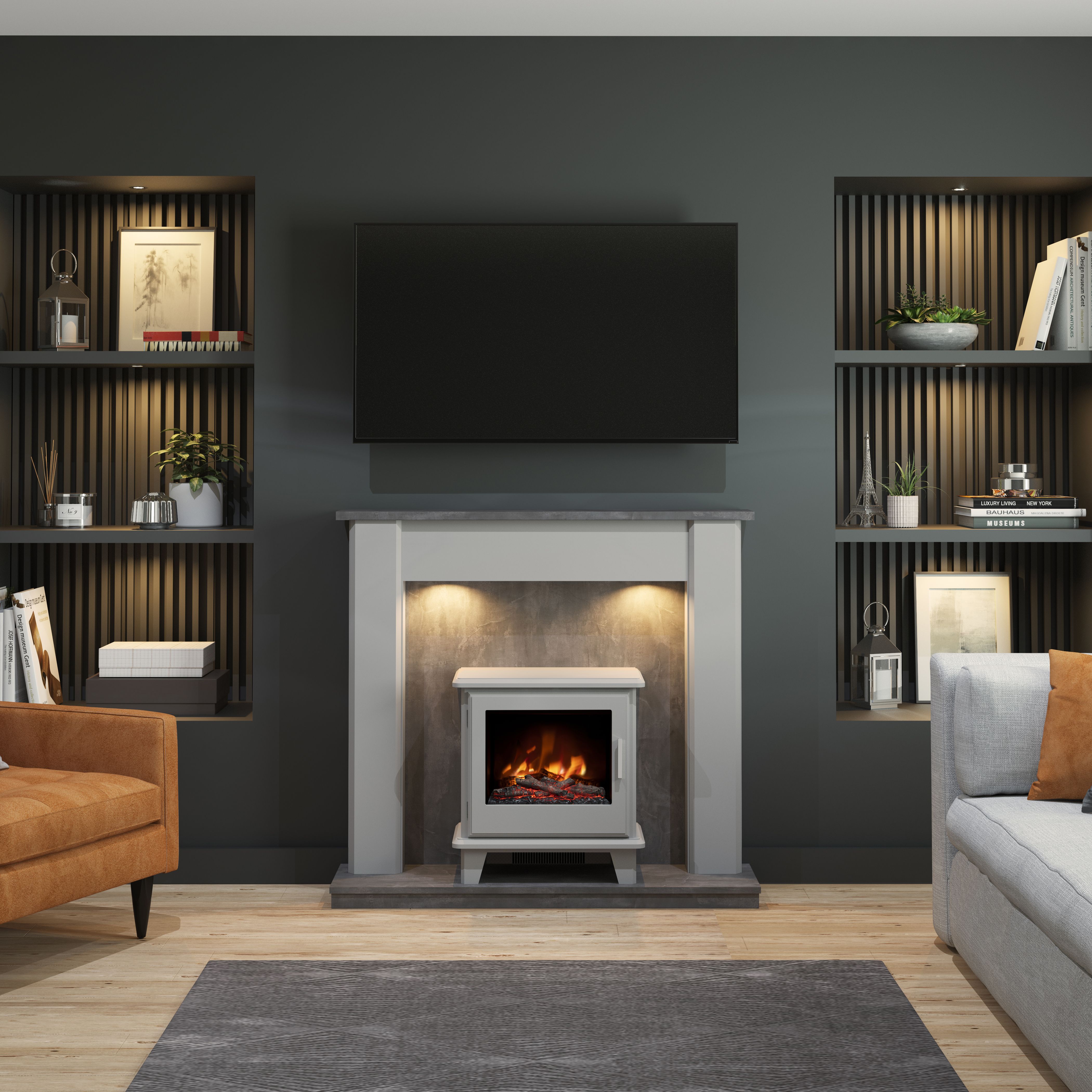 Be Modern Emmbrook Grey & Slate effect Fire surround set with Lights included