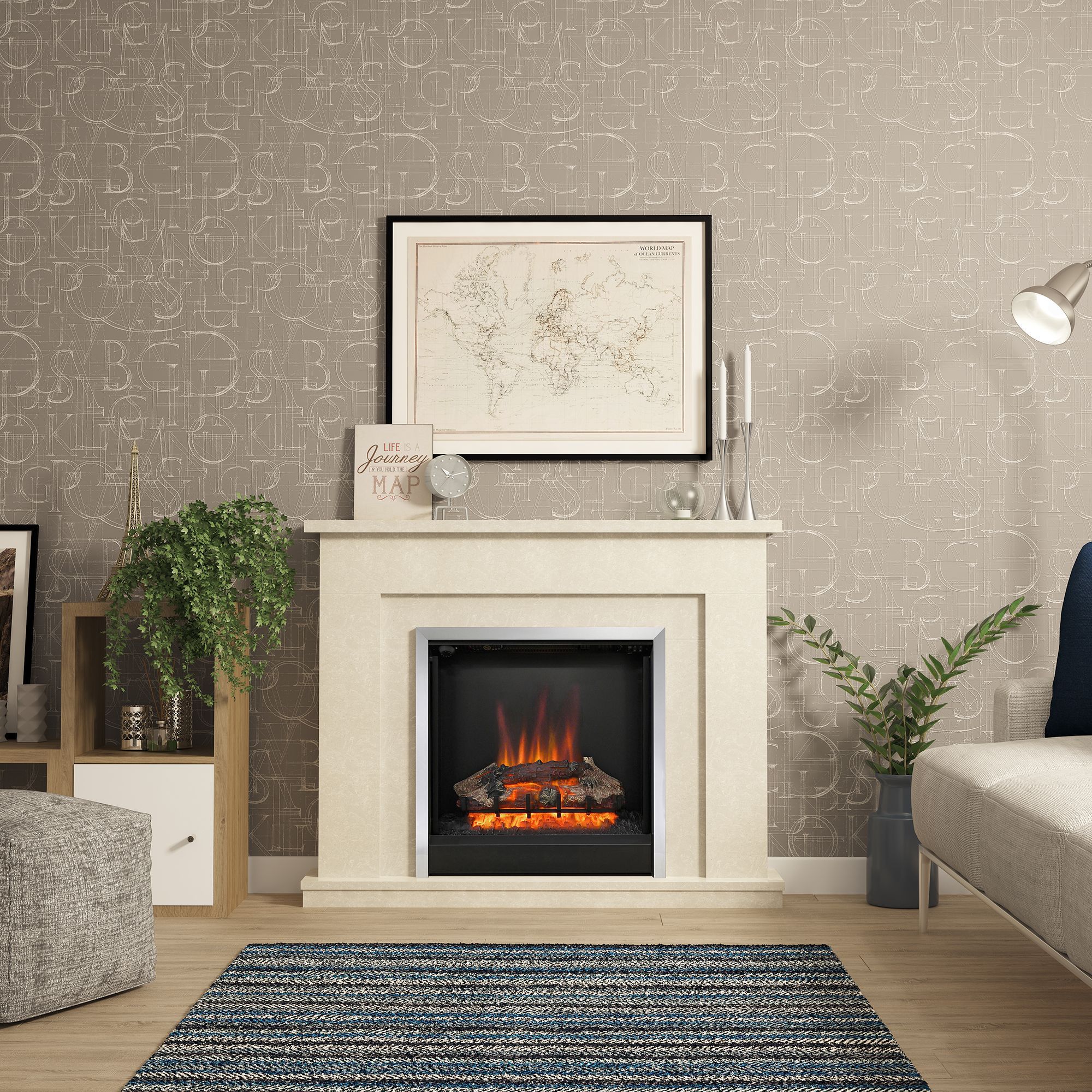 Be Modern Evelina Manila Micro Marble Chrome effect Electric Fire suite