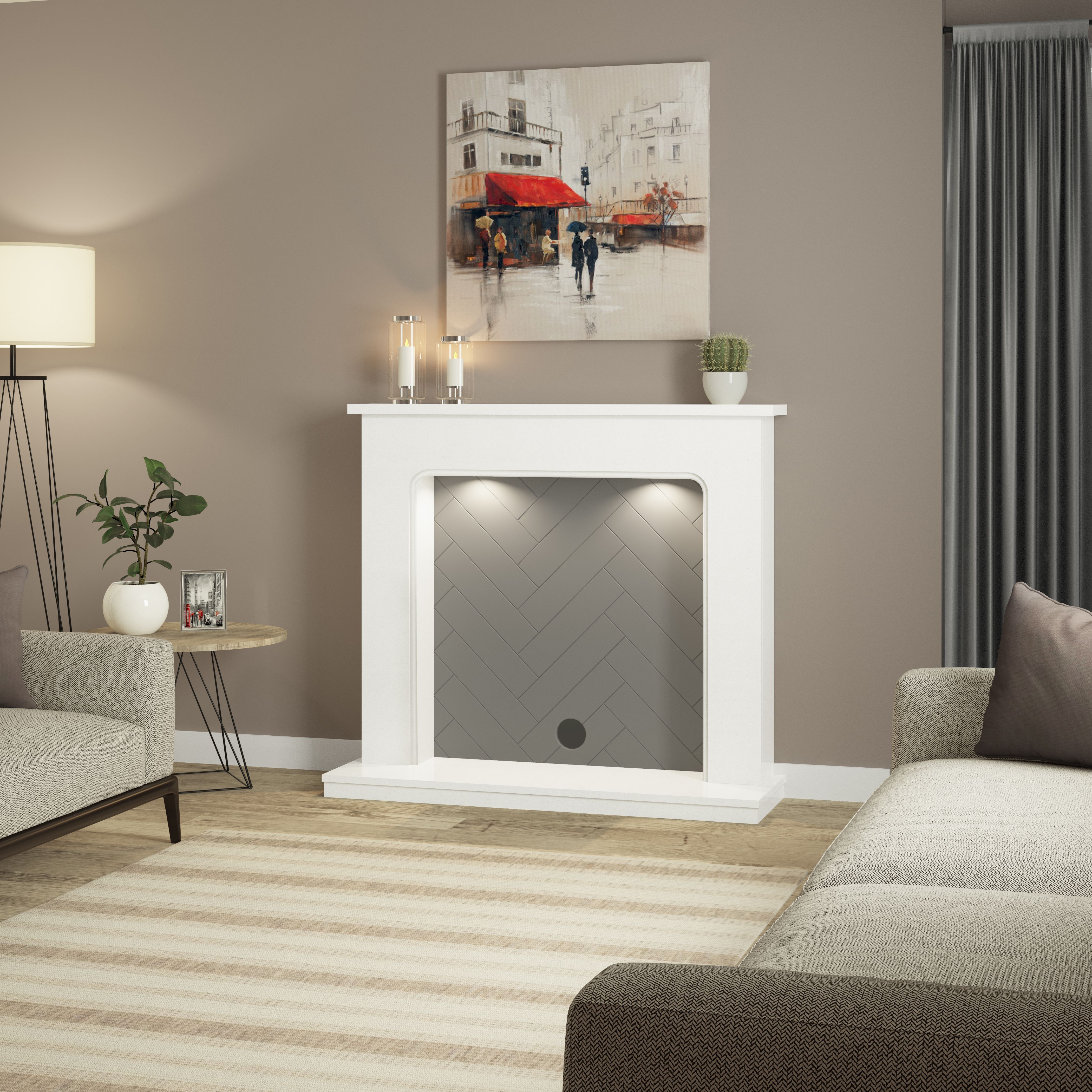 Be Modern Fontwell White marble & grey herringbone effect Fire surround set with Lights included