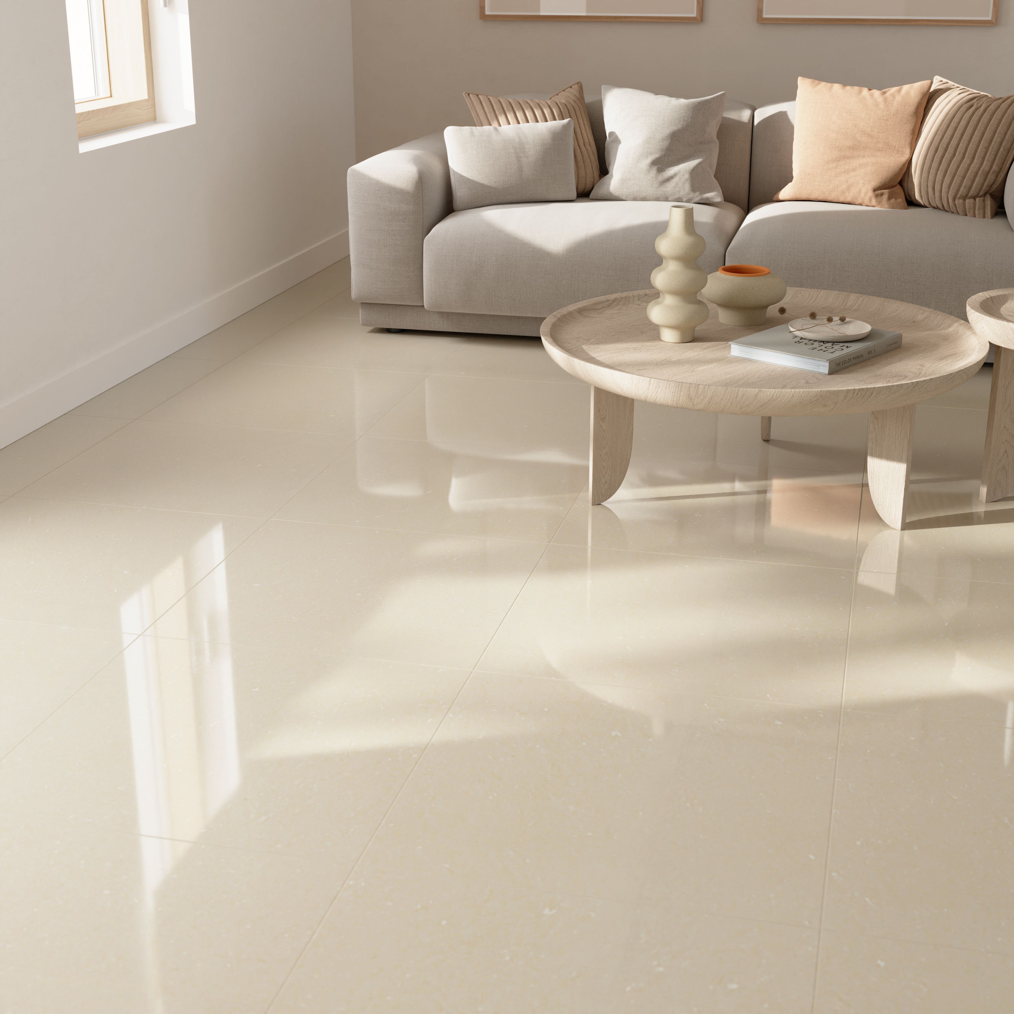 Beige Gloss Marble effect Porcelain Indoor Wall & floor Tile, Pack of 4, (L)600mm (W)600mm