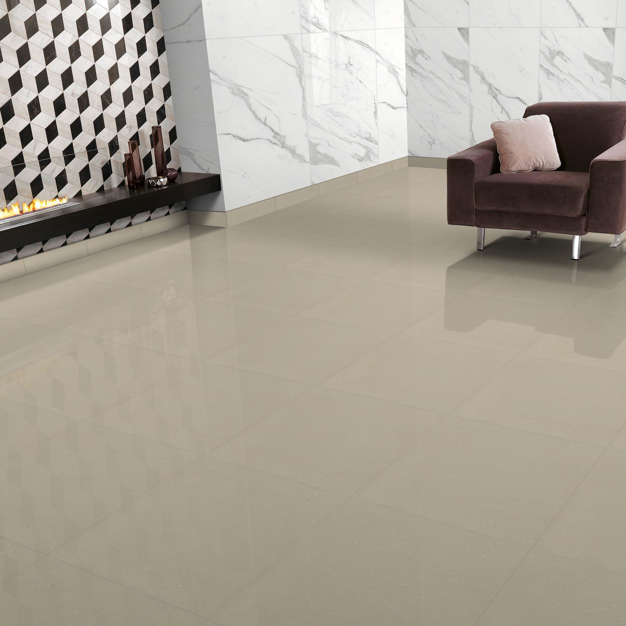 Beige Gloss Marble effect Porcelain Wall & floor Tile Sample