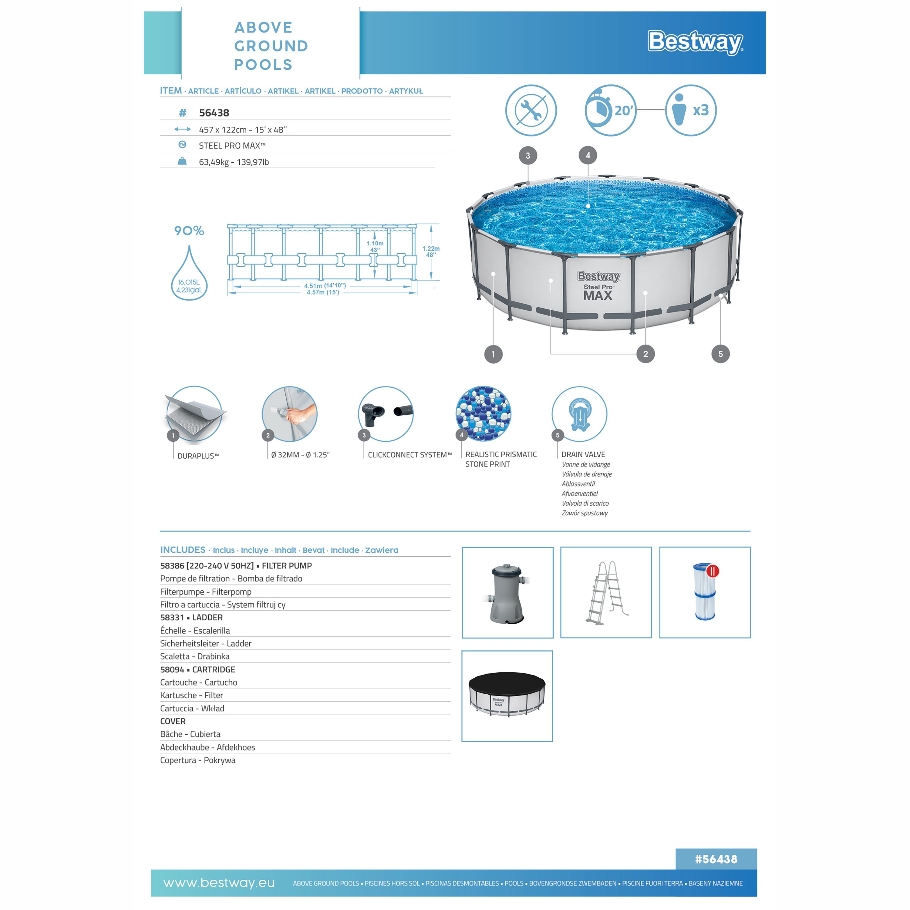 Bestway Steel Pro MAX™ Plain Polyvinyl chloride (PVC) & steel Pool (W) 4.57m x (L) 4.57m