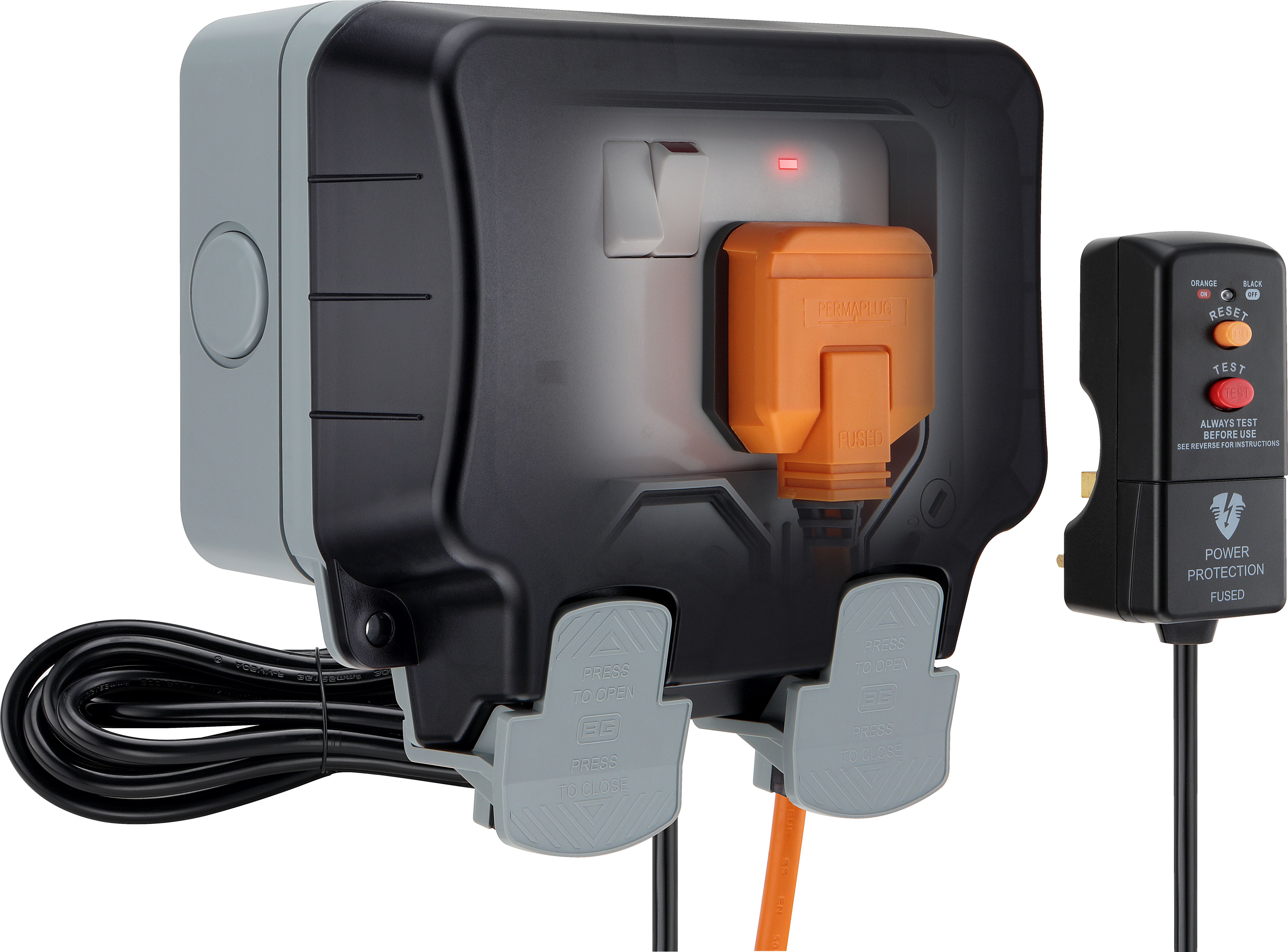 BG 13A Grey 2 gang Outdoor Weatherproof switched socket kit with cable & RCD plug
