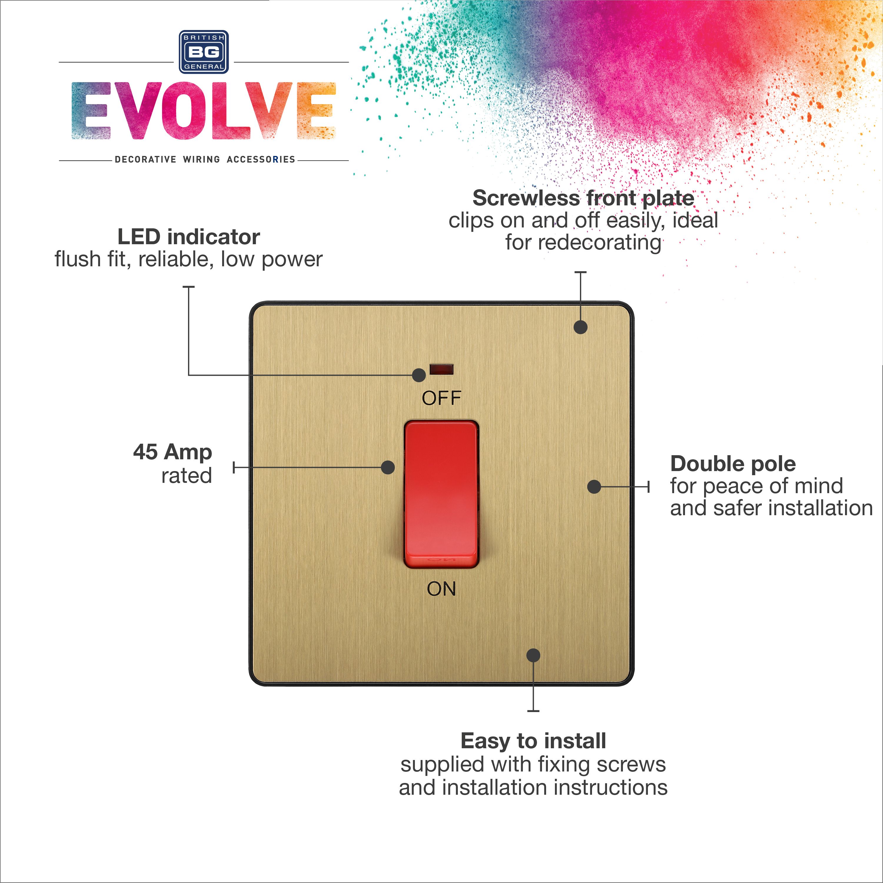 BG 45A 2 way 1 gang Cooker switch Screwless Satin Brass effect