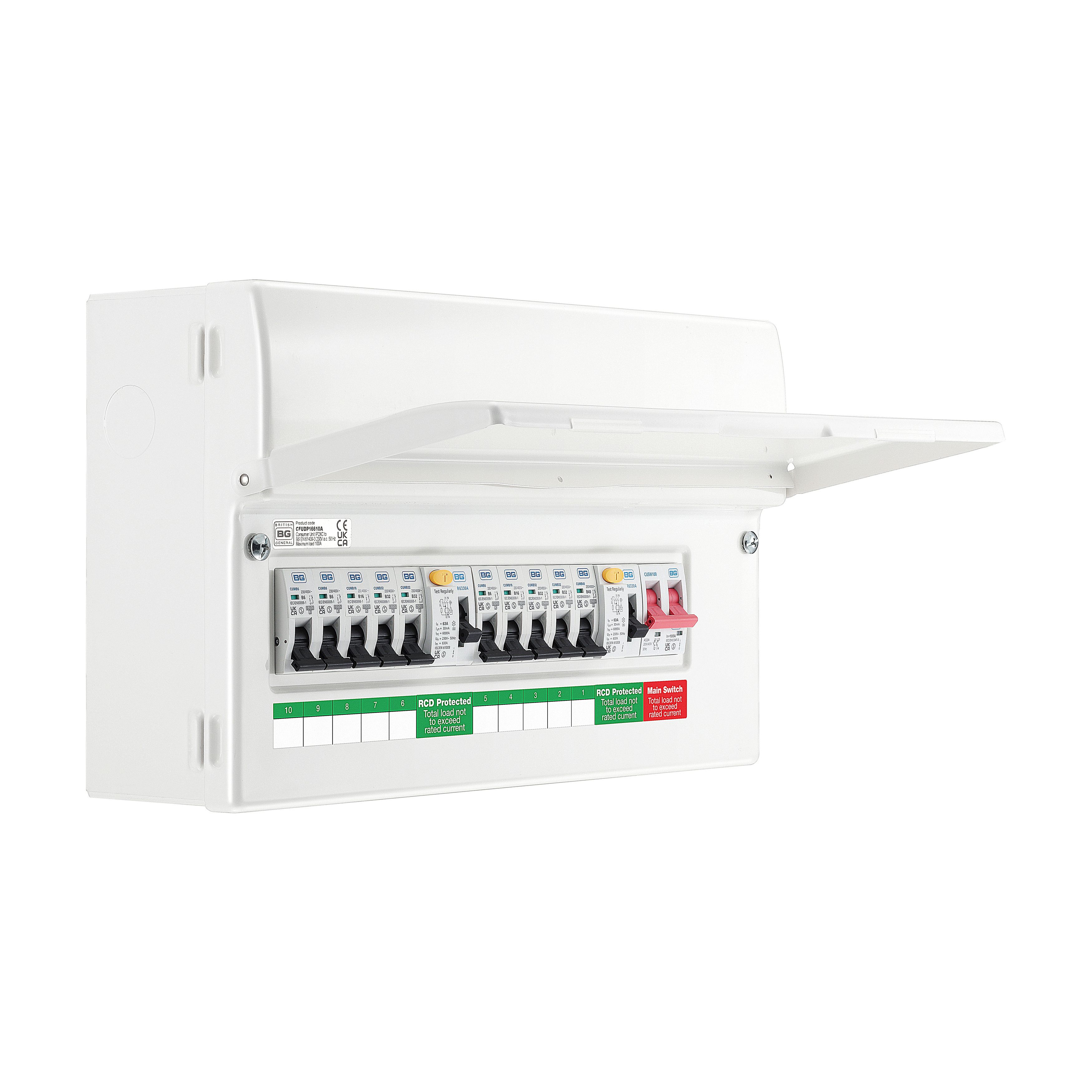 BG 63A 10-way High integrity dual RCD Fully populated domestic consumer unit