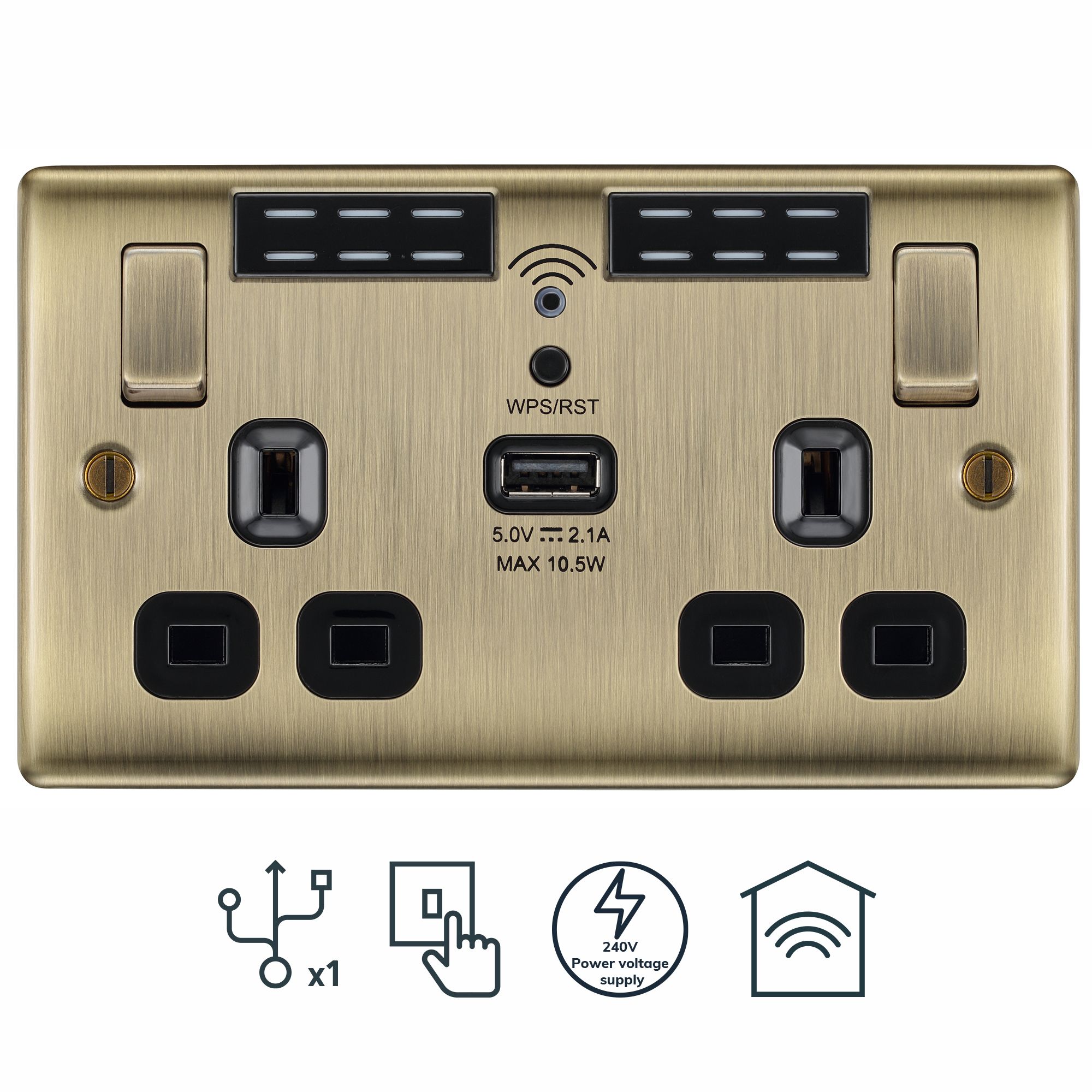 BG Antique Brass 13A Switched Double WiFi extender socket with USB