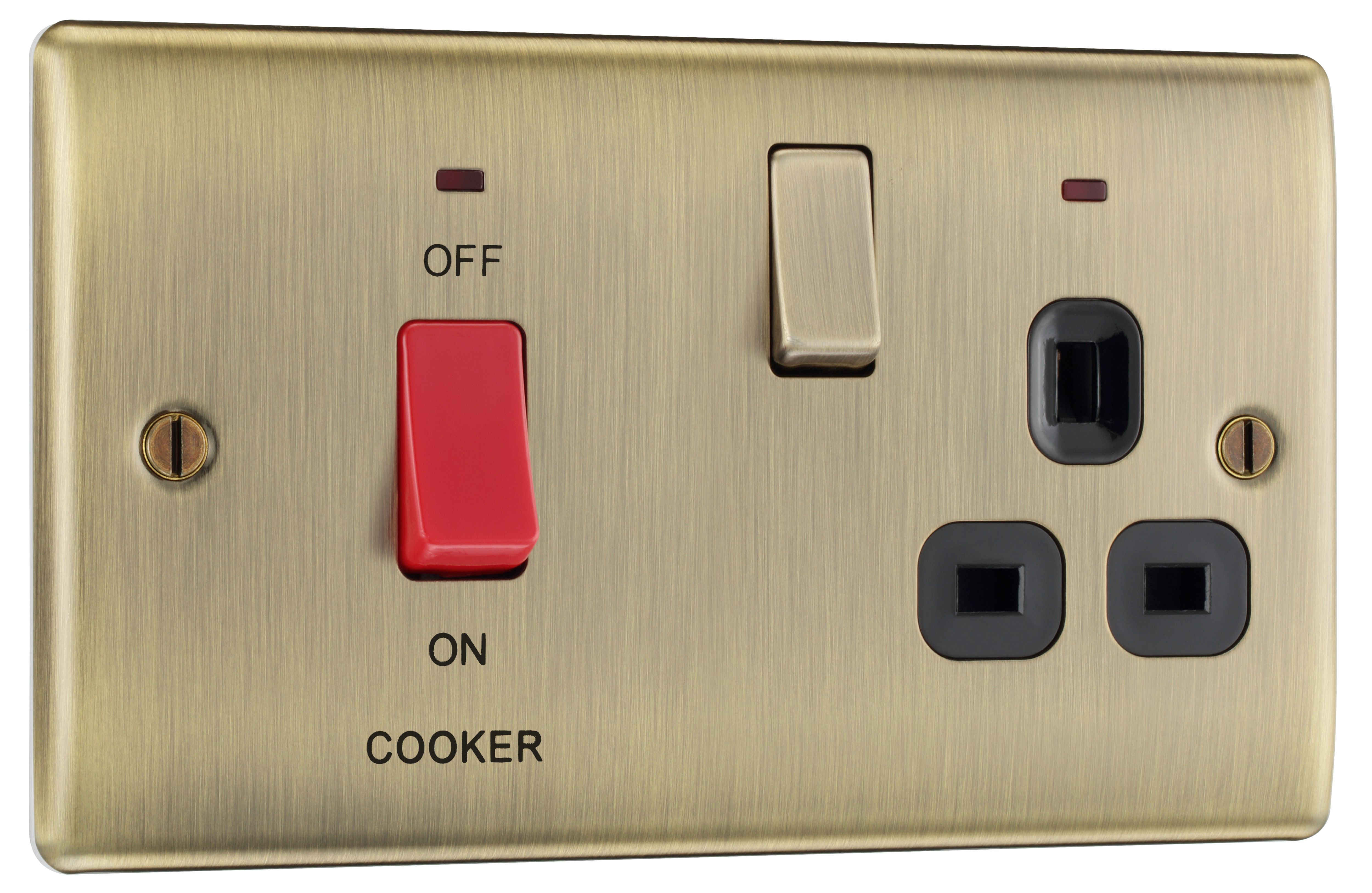 BG Antique Brass Cooker switch & socket with neon & Black inserts