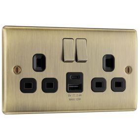 BG Antique Brass Double 13A 12W Raised slim Switched Screwed Socket with USB, x2 & Black inserts